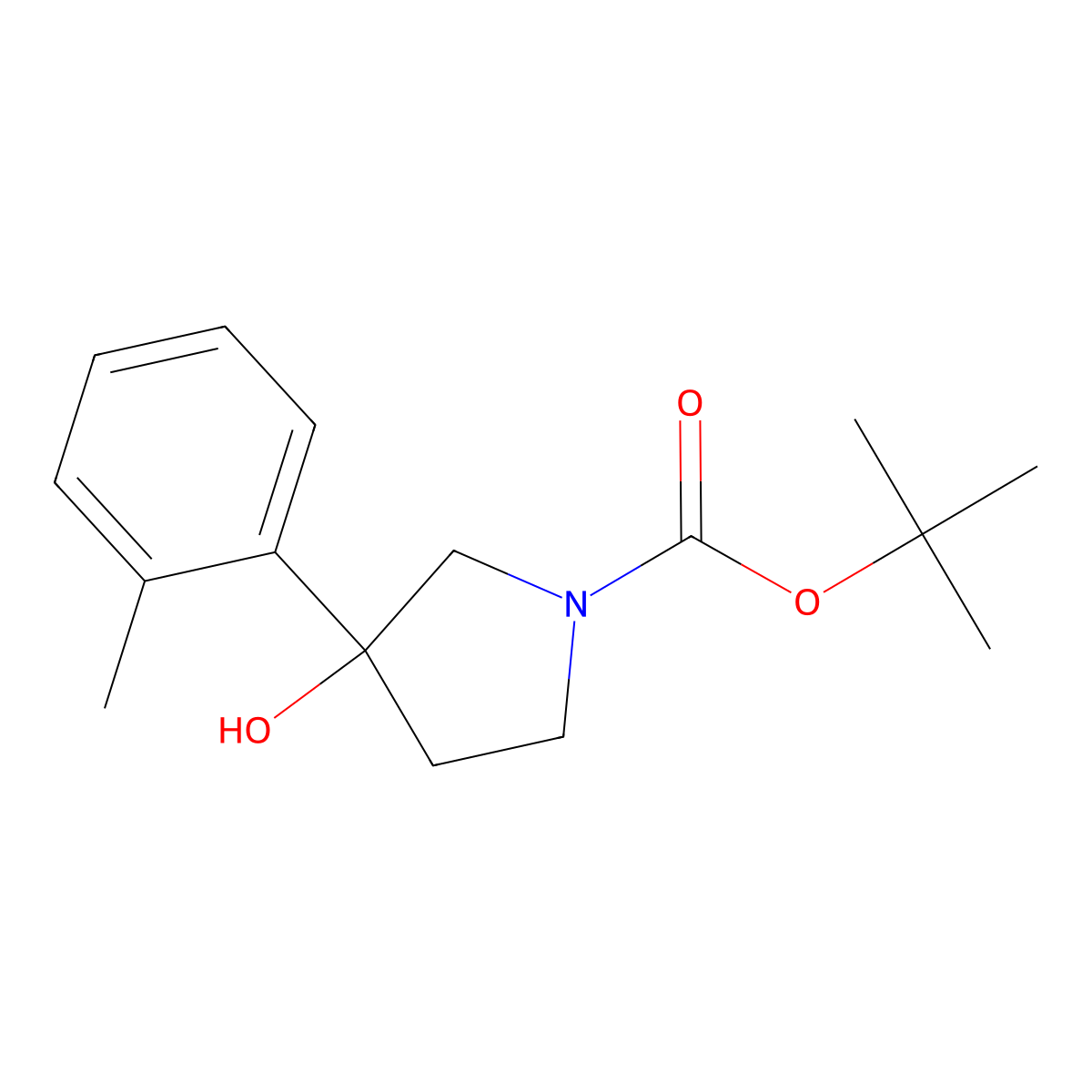 1-Pyrrolidinecarboxylic acid, 3-hydroxy-3-(2-methylphenyl)-, 1,1-dimethylethyl ester molecular structure, CAS 1000198-77-5