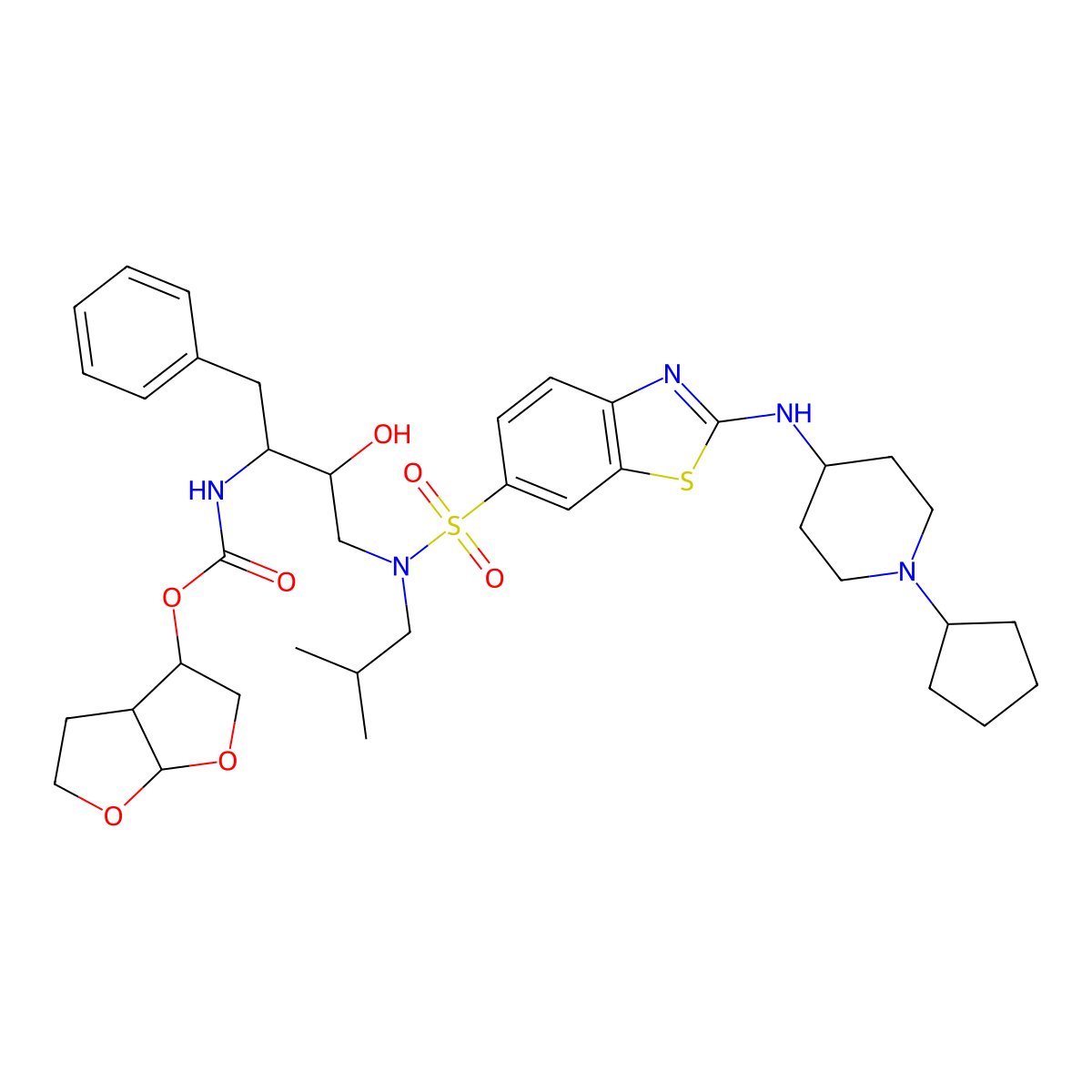 (3R,3aS,6aR)-Hexahydrofuro(2,3-b)furan-3-yl N-((1S,2R)-3-(((2-((1-cyclopentyl-4-piperidinyl)amino)-6-benzothiazolyl)sulfonyl)(2-methylpropyl)amino)-2-hydroxy-1-(phenylmethyl)propyl)carbamate molecular structure, CAS 1000287-05-7