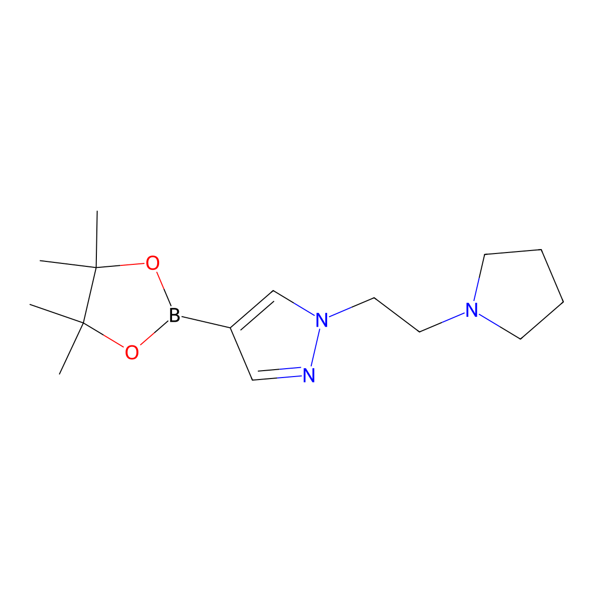 1-(2-(pyrrolidin-1-yl)ethyl)-4-(4,4,5,5-tetramethyl-1,3,2-dioxaborolan-2-yl)-1H-pyrazole molecular structure, CAS 1000802-52-7