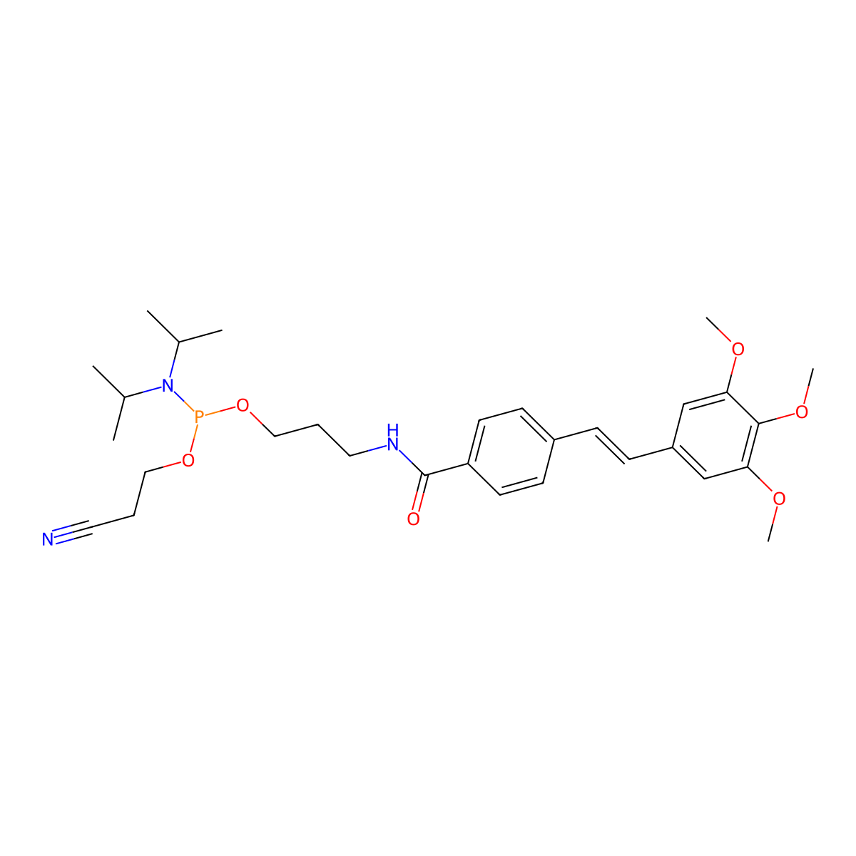 N-[3-({[bis(propan-2-yl)amino](2-cyanoethoxy)phosphanyl}oxy)propyl]-4-[(1E)-2-(3,4,5-trimethoxyphenyl)ethenyl]benzamide molecular structure, CAS 1000852-27-6