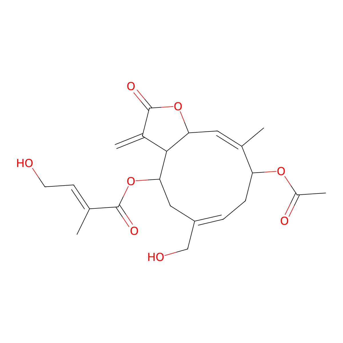 [9-Acetyloxy-6-(hydroxymethyl)-10-methyl-3-methylidene-2-oxo-3a,4,5,8,9,11a-hexahydrocyclodeca[b]furan-4-yl] 4-hydroxy-2-methylbut-2-enoate molecular structure, CAS 1000865-06-4