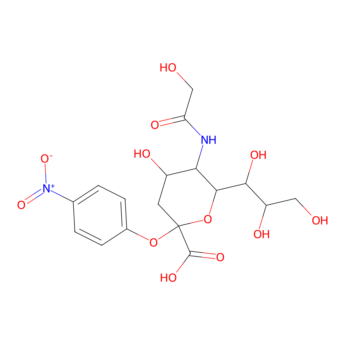 (2S,4S,5R,6R)-4-hydroxy-5-[(2-hydroxyacetyl)amino]-2-(4-nitrophenoxy)-6-[(1R,2R)-1,2,3-trihydroxypropyl]oxane-2-carboxylic acid molecular structure, CAS 1000890-36-7