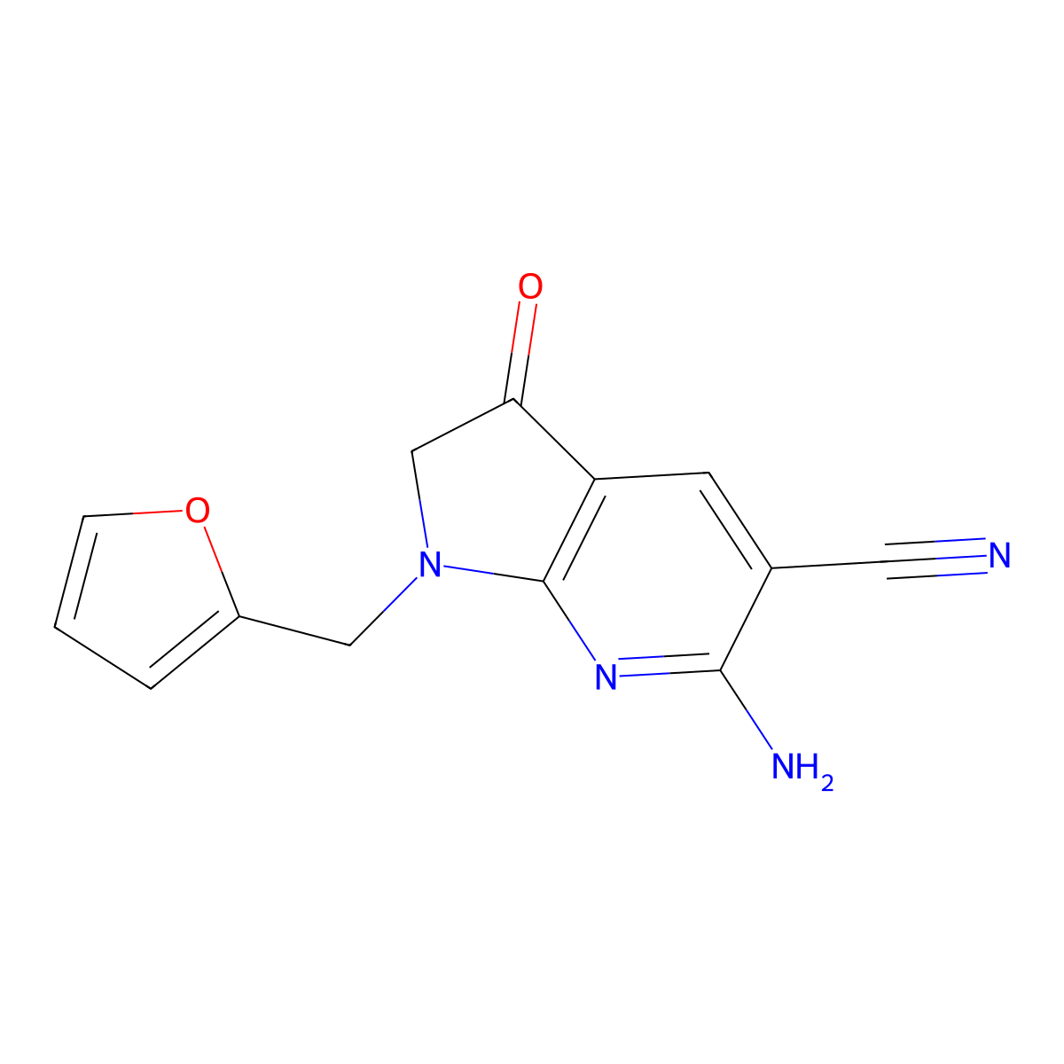 6-amino-1-[(furan-2-yl)methyl]-3-oxo-1H,2H,3H-pyrrolo[2,3-b]pyridine-5-carbonitrile molecular structure, CAS 1000931-38-3