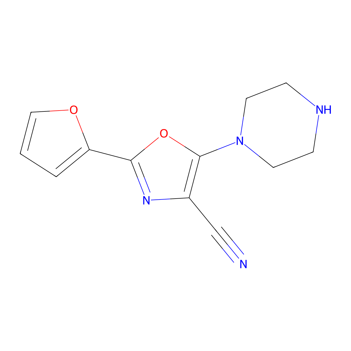 2-(Furan-2-yl)-5-(piperazin-1-yl)-1,3-oxazole-4-carbonitrile molecular structure, CAS 1000932-90-0