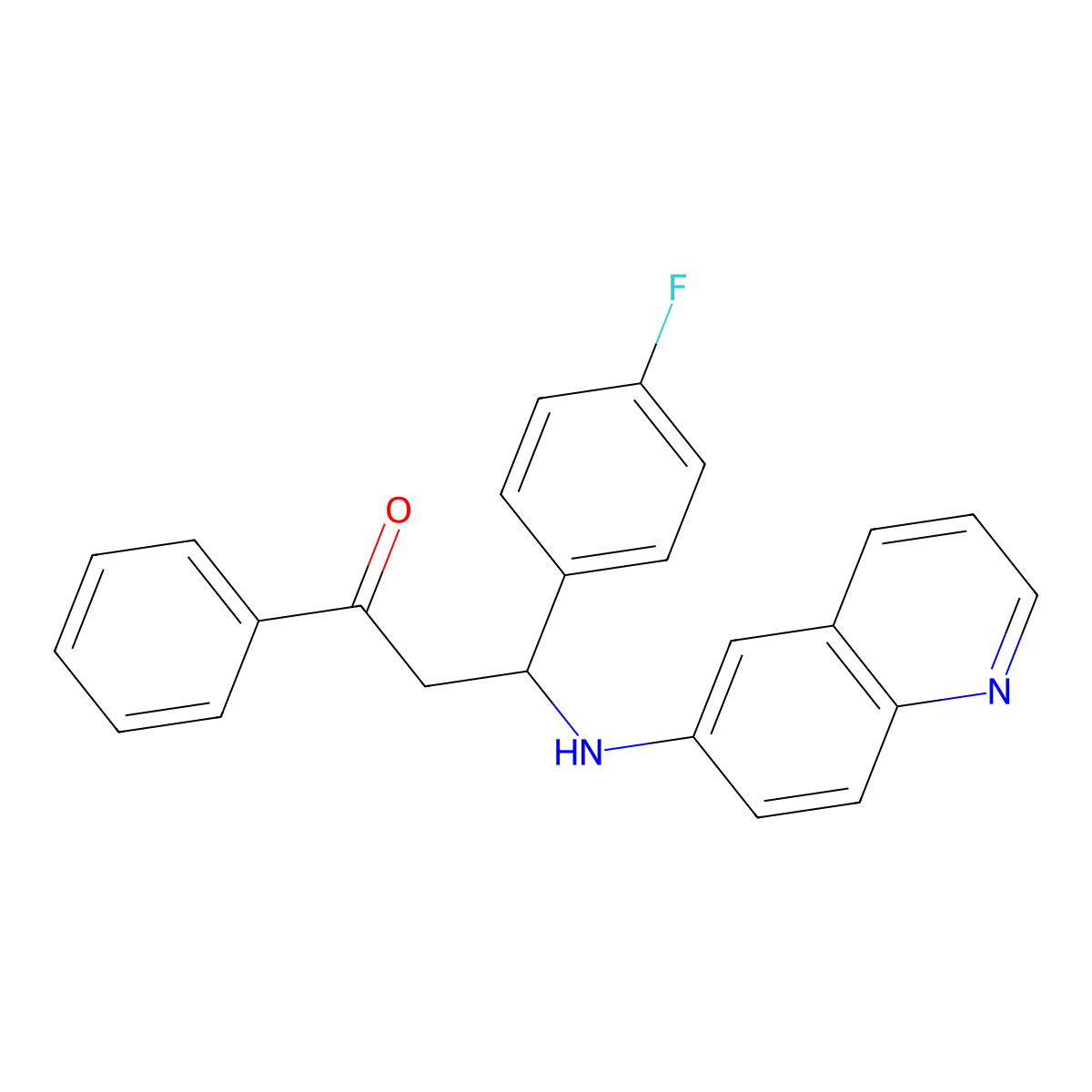 1-Propanone, 3-(4-fluorophenyl)-1-phenyl-3-(6-quinolinylamino)- molecular structure, CAS 100097-96-9