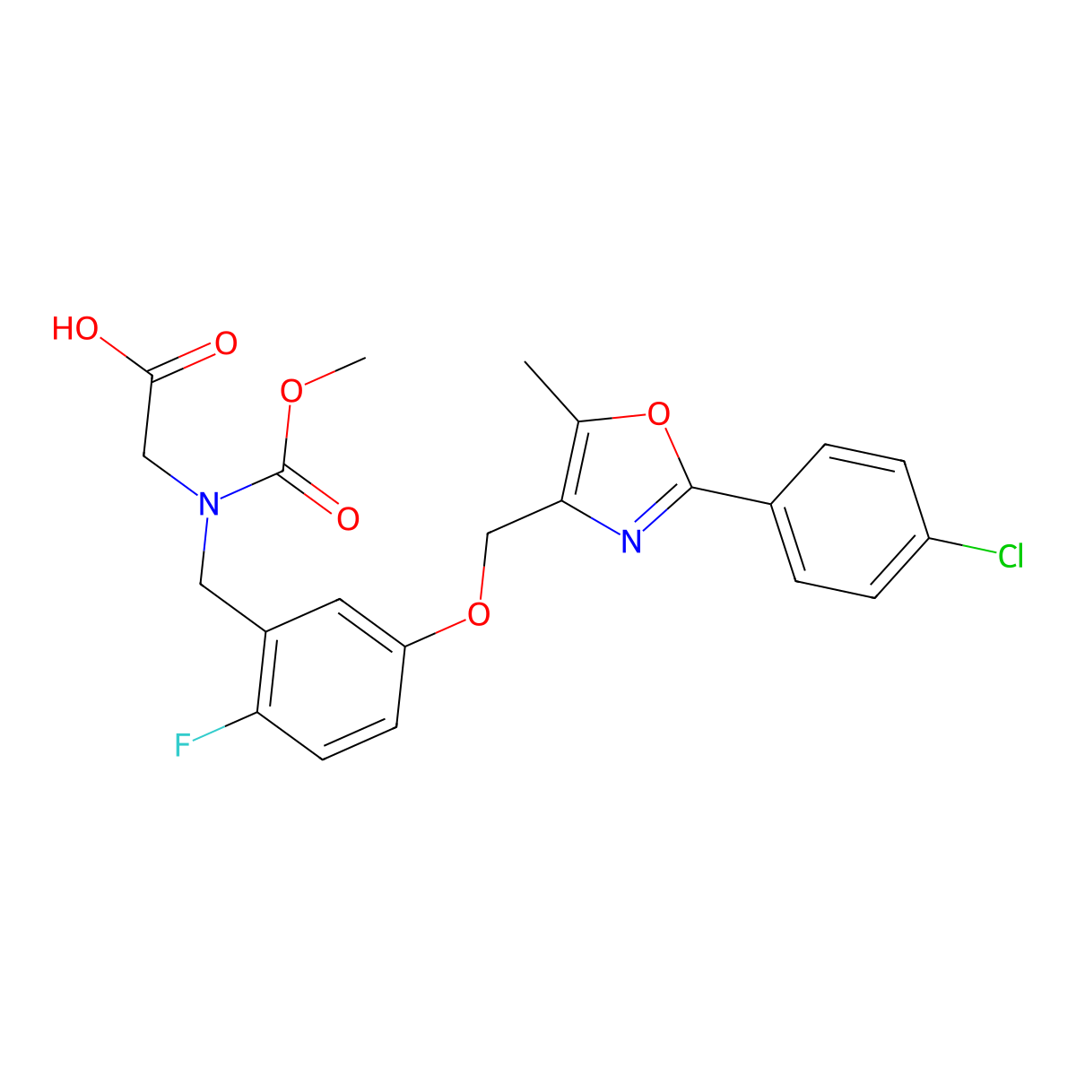 Glycine, N-((5-((2-(4-chlorophenyl)-5-methyl-4-oxazolyl)methoxy)-2-fluorophenyl)methyl)-N-(methoxycarbonyl)- molecular structure, CAS 1000998-62-8