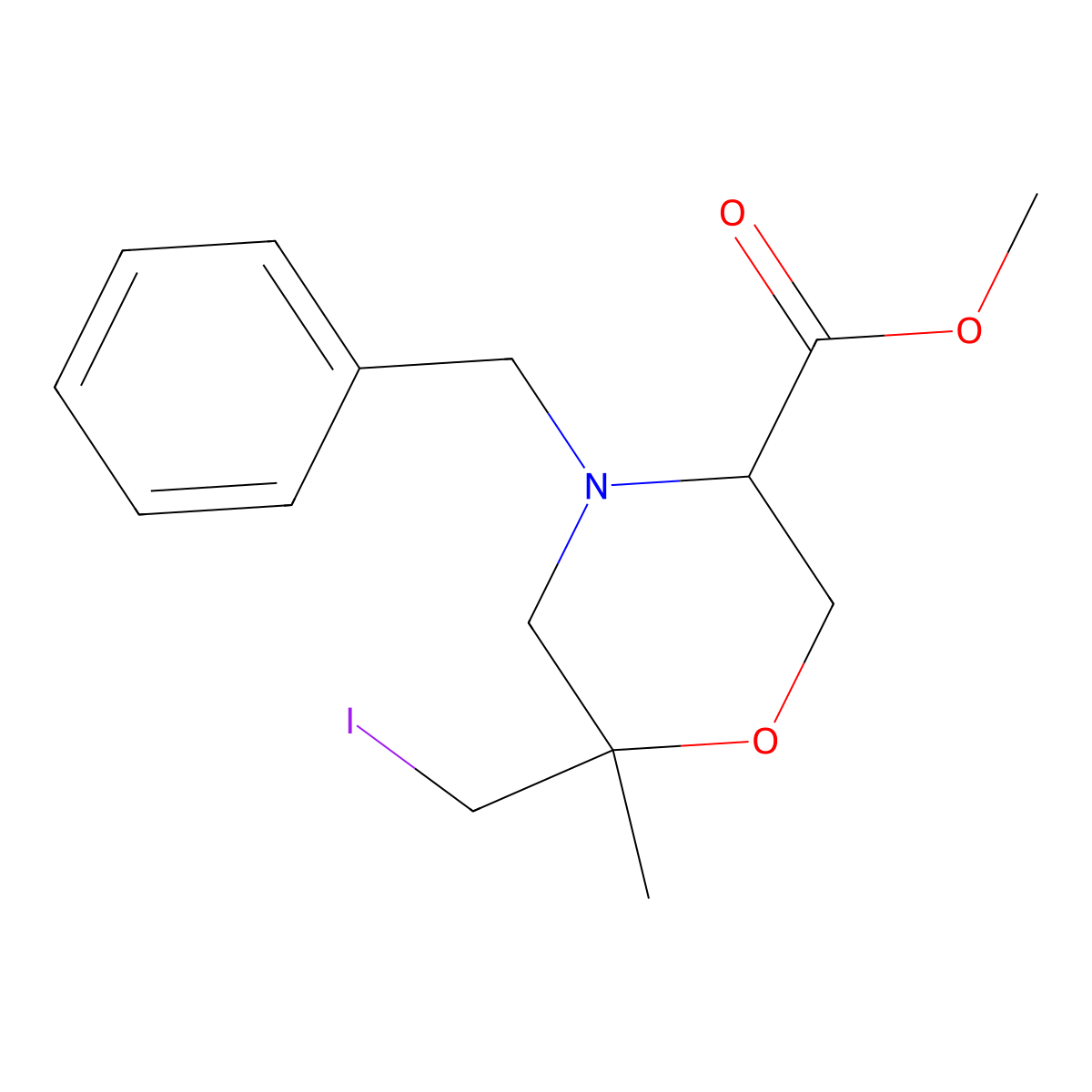 (3S)-Methyl 4-benzyl-6-(iodomethyl)-6-methylmorpholine-3-carboxylate molecular structure, CAS 1001054-44-9