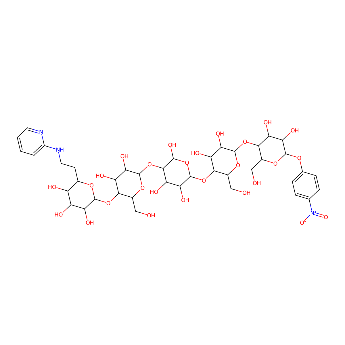 4-nitrophenyl-O-6-deoxy-6-((2-pyridyl)amino)-alpha-D-glucopyranosyl-(1-4)-O-alpha-D-glucopyranosyl-(1-4)-O-alpha-D-glucopyranosyl-(1-4)-O-alpha-D-glucopyranosyl-(1-4)-alpha-D-glucopyranoside molecular structure, CAS 100111-14-6