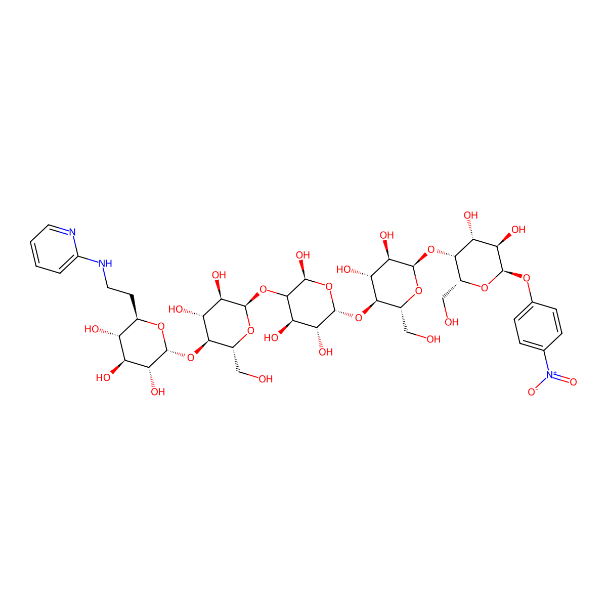 4-nitrophenyl-O-6-deoxy-6-((2-pyridyl)amino)-alpha-D-glucopyranosyl-(1-4)-O-alpha-D-glucopyranosyl-(1-4)-O-alpha-D-glucopyranosyl-(1-4)-O-alpha-D-glucopyranosyl-(1-4)-alpha-D-glucopyranoside molecular structure, CAS 100111-14-6