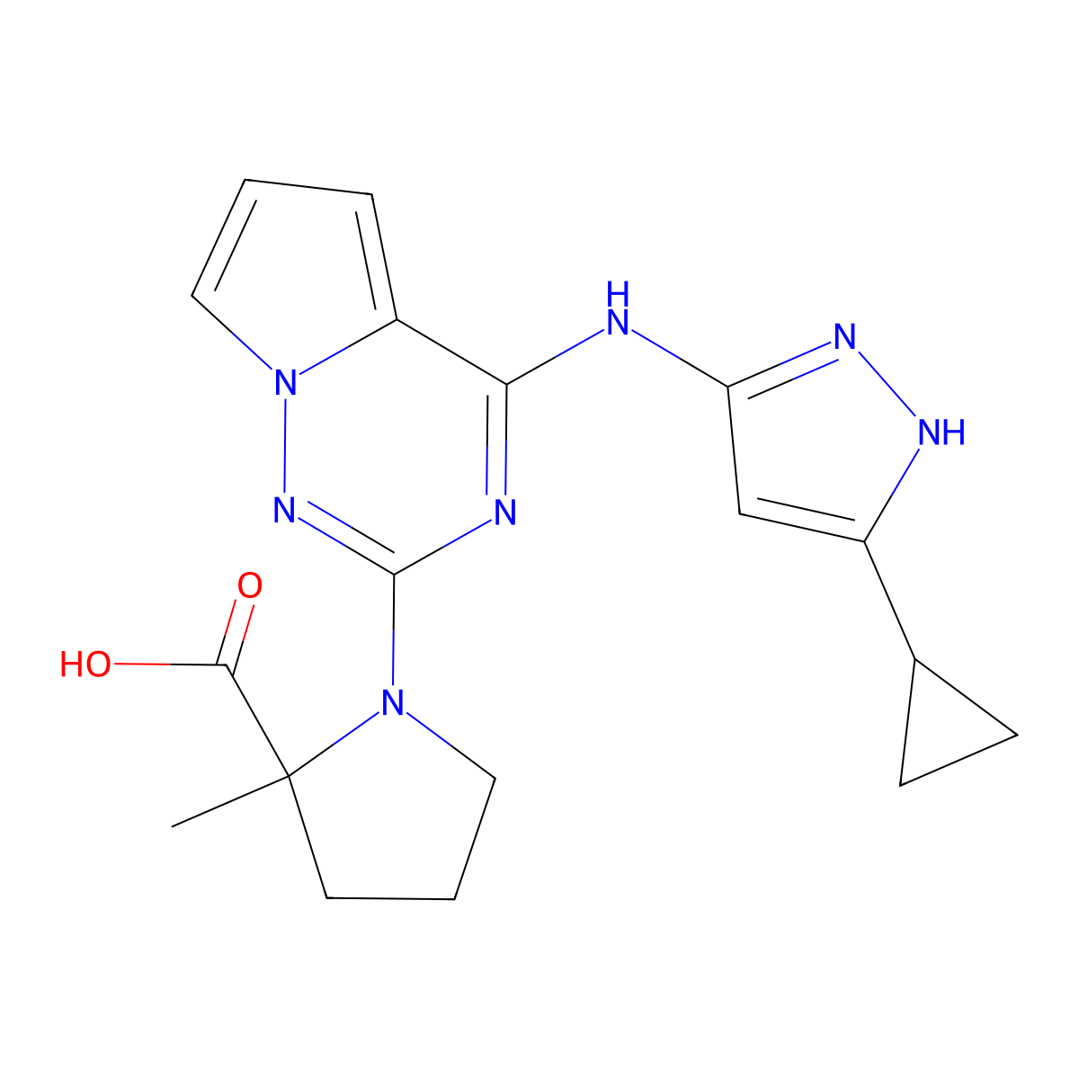 L-Proline, 1-[4-[(5-cyclopropyl-1H-pyrazol-3-yl)amino]pyrrolo[2,1-f][1,2,4]triazin-2-yl]-2-methyl- molecular structure, CAS 1001353-78-1
