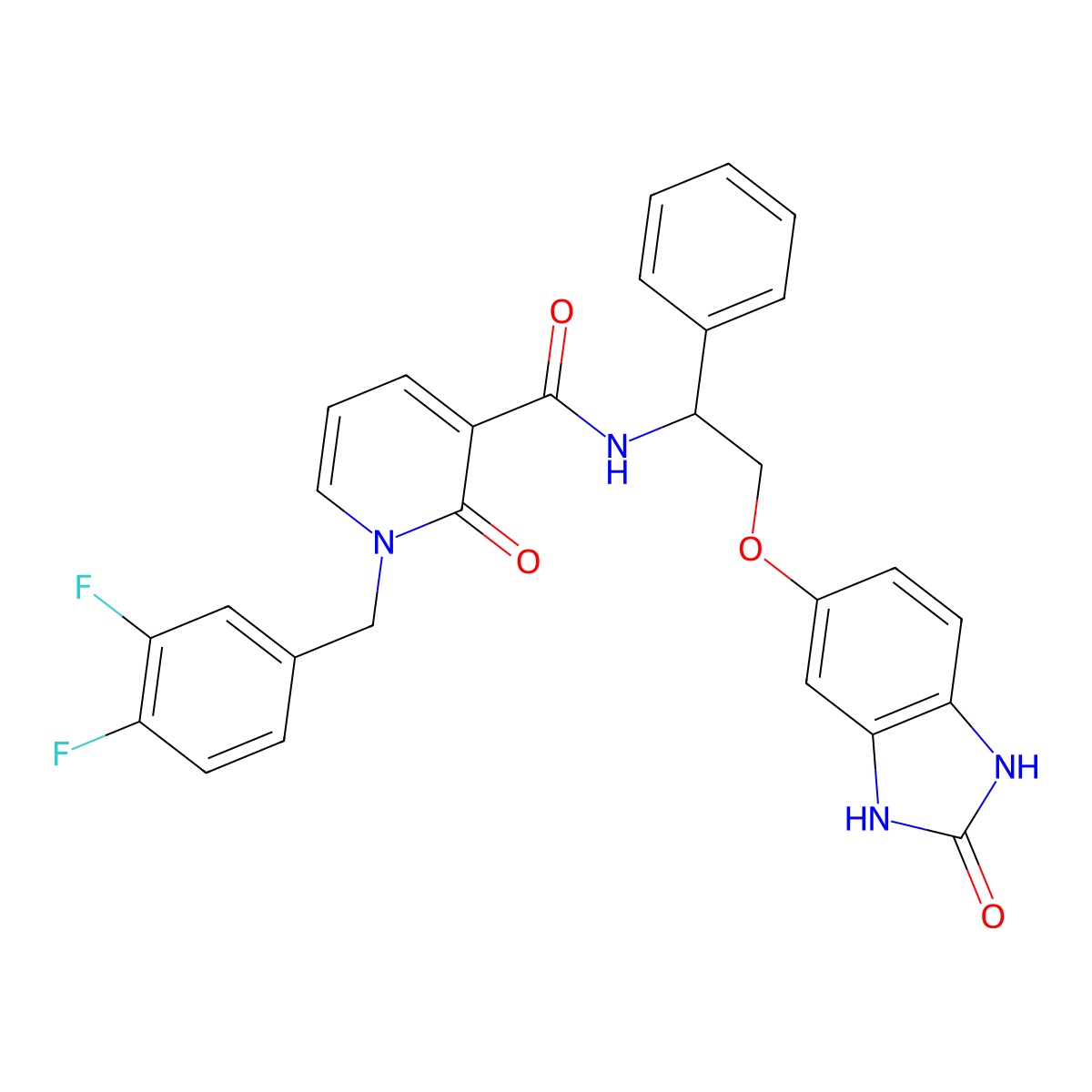 1-((3,4-Difluorophenyl)methyl)-2-oxo-N-((1R)-2-((2-oxo-2,3-dihydro-1H-benzimidazol-5-yl)oxy)-1-phenylethyl)-1,2-dihydropyridine-3-carboxamide molecular structure, CAS 1001409-50-2