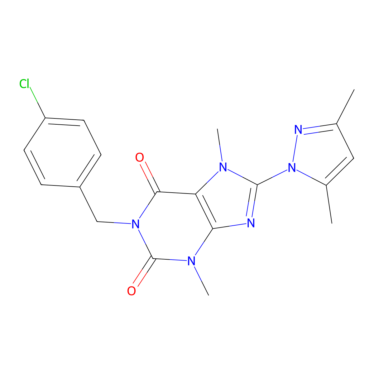 1-(4-chlorobenzyl)-8-(3,5-dimethyl-1H-pyrazol-1-yl)-3,7-dimethyl-1H-purine-2,6(3H,7H)-dione molecular structure, CAS 1001464-14-7