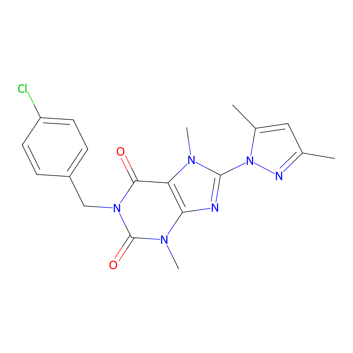 1-(4-chlorobenzyl)-8-(3,5-dimethyl-1H-pyrazol-1-yl)-3,7-dimethyl-1H-purine-2,6(3H,7H)-dione molecular structure, CAS 1001464-14-7
