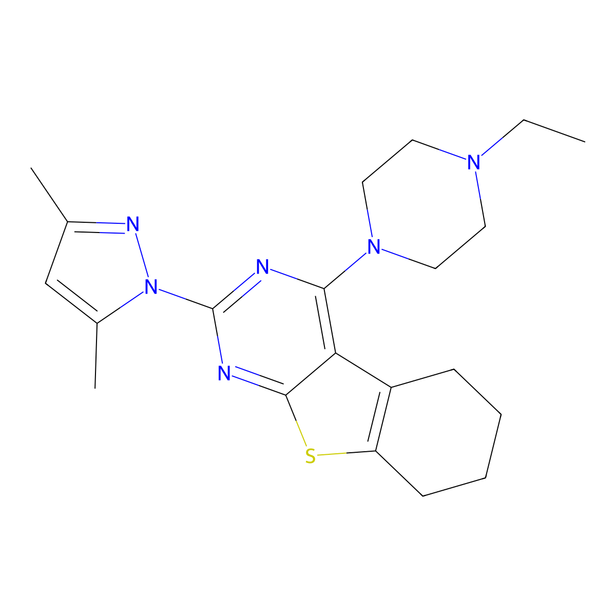 2-(3,5-dimethyl-1H-pyrazol-1-yl)-4-(4-ethylpiperazin-1-yl)-5,6,7,8-tetrahydro[1]benzothieno[2,3-d]pyrimidine molecular structure, CAS 1001476-37-4