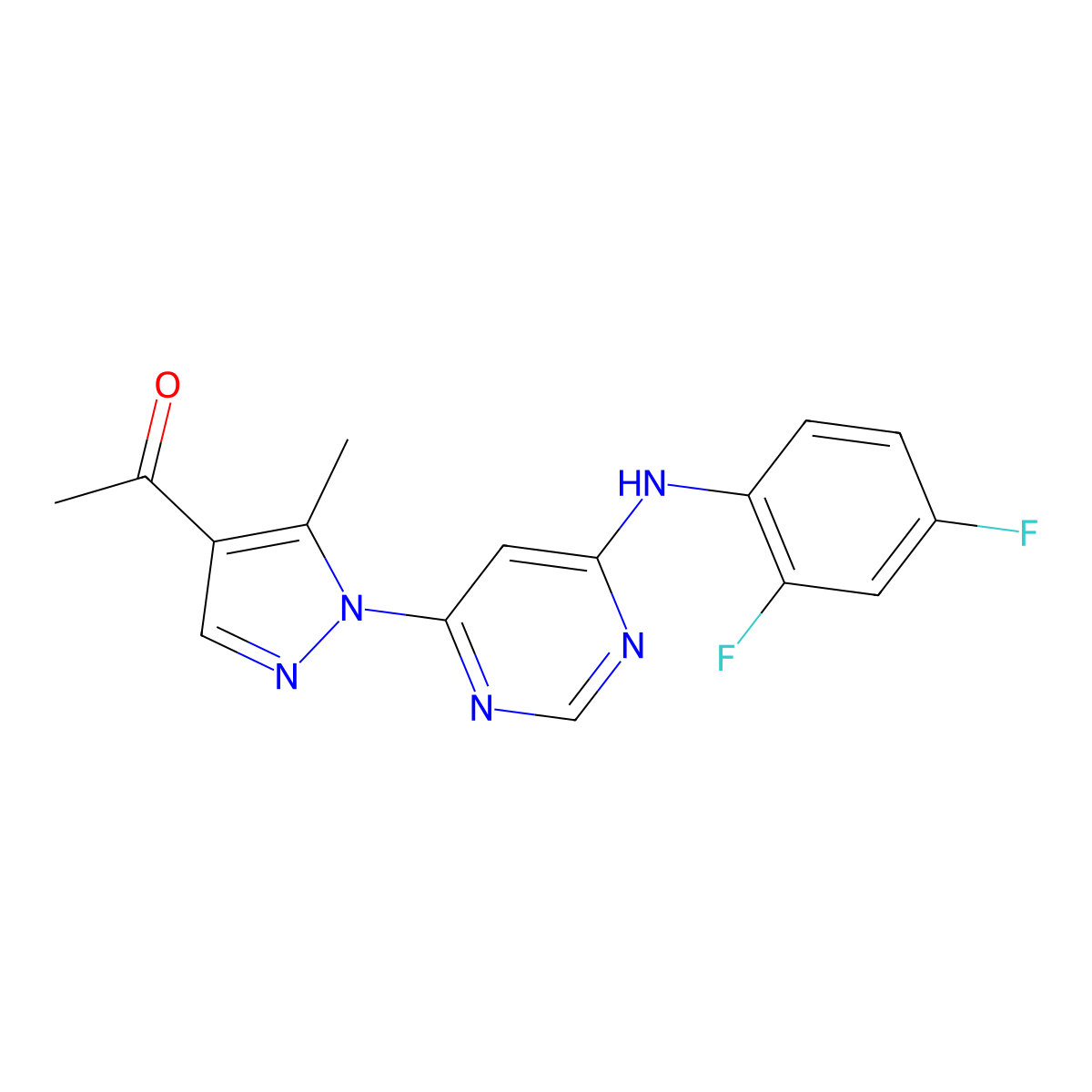 1-(1-{6-[(2,4-difluorophenyl)amino]pyrimidin-4-yl}-5-methyl-1H-pyrazol-4-yl)ethanone molecular structure, CAS 1001486-80-1