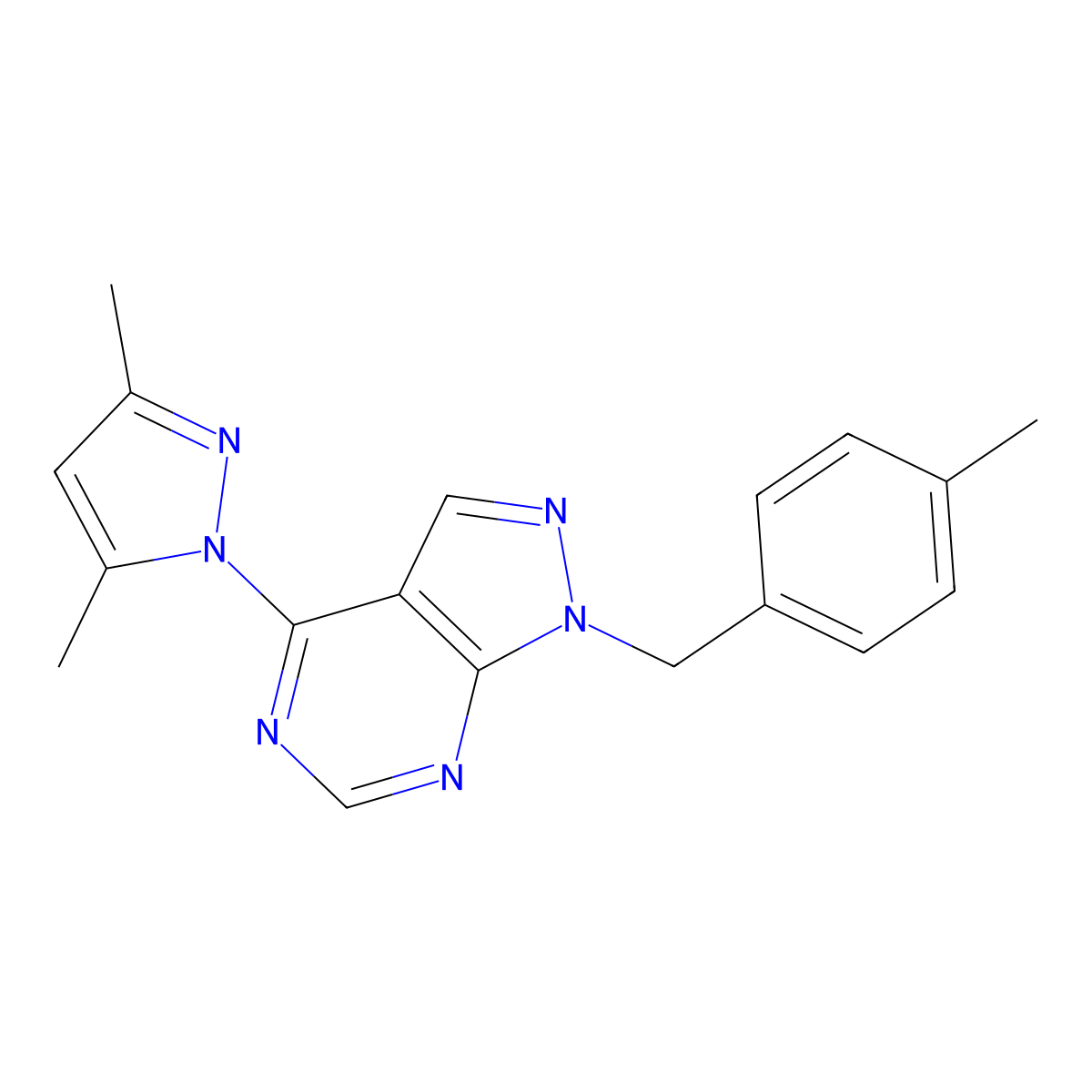 4-(3,5-dimethyl-1H-pyrazol-1-yl)-1-(4-methylbenzyl)-1H-pyrazolo[3,4-d]pyrimidine molecular structure, CAS 1001489-16-2