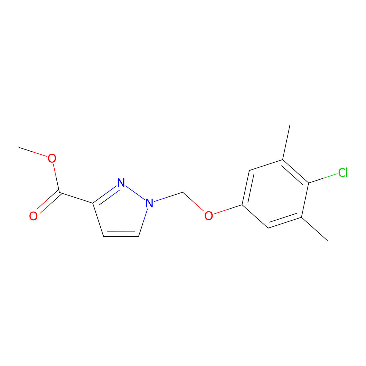 Methyl 1-((4-chloro-3,5-dimethylphenoxy)methyl)-1H-pyrazole-3-carboxylate molecular structure, CAS 1001499-92-8