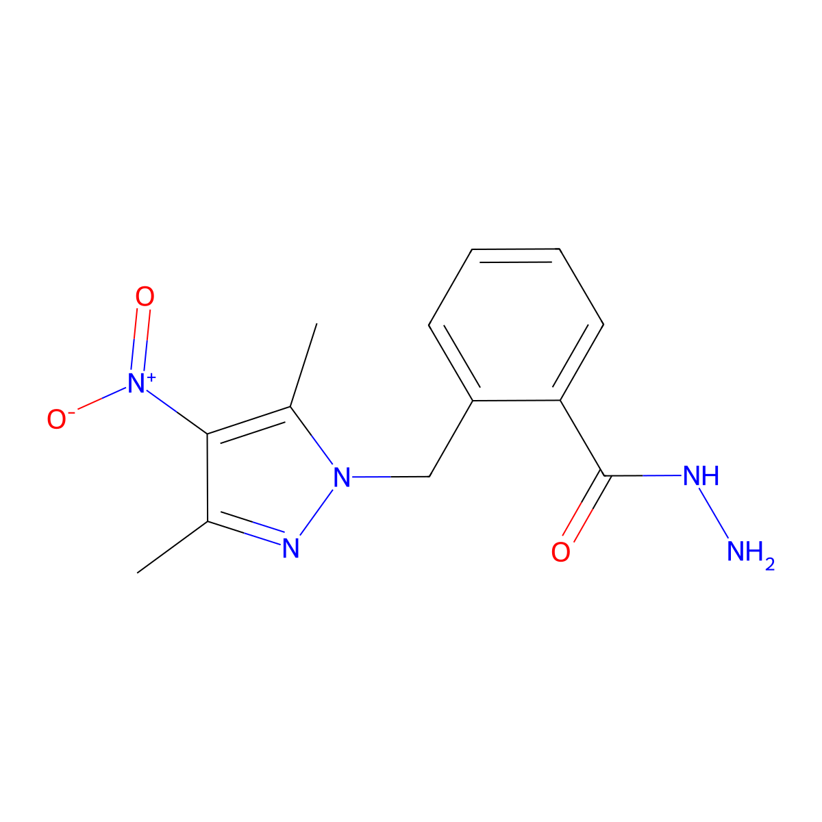 2-(3,5-Dimethyl-4-nitro-pyrazol-1-ylmethyl)-benzoic acid hydrazide molecular structure, CAS 1001500-02-2