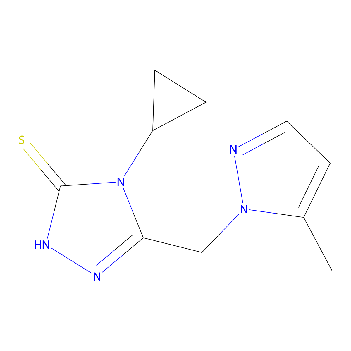 4-Cyclopropyl-5-((5-methyl-1H-pyrazol-1-yl)methyl)-4H-1,2,4-triazole-3-thiol molecular structure, CAS 1001500-09-9