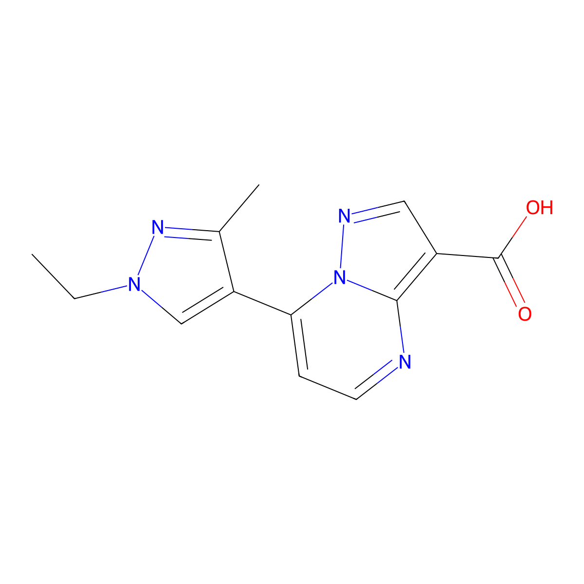 7-(1-ethyl-3-methyl-1H-pyrazol-4-yl)pyrazolo(1,5-a)pyrimidine-3-carboxylic acid molecular structure, CAS 1001500-35-1
