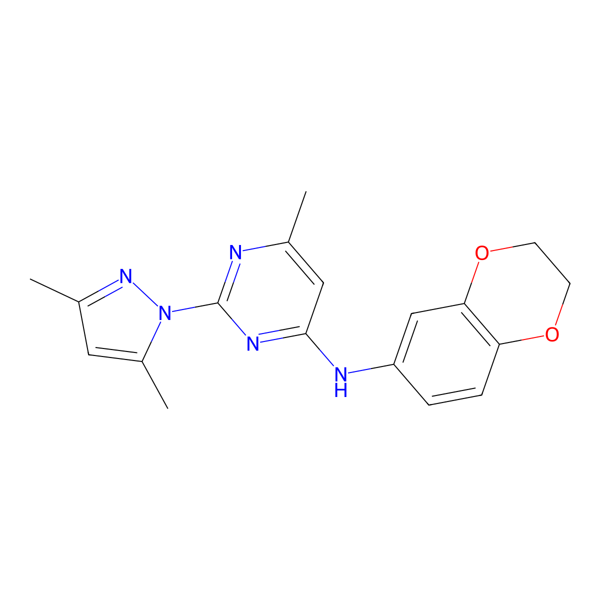 N-(2,3-dihydro-1,4-benzodioxin-6-yl)-2-(3,5-dimethylpyrazol-1-yl)-6-methylpyrimidin-4-amine molecular structure, CAS 1001502-53-9