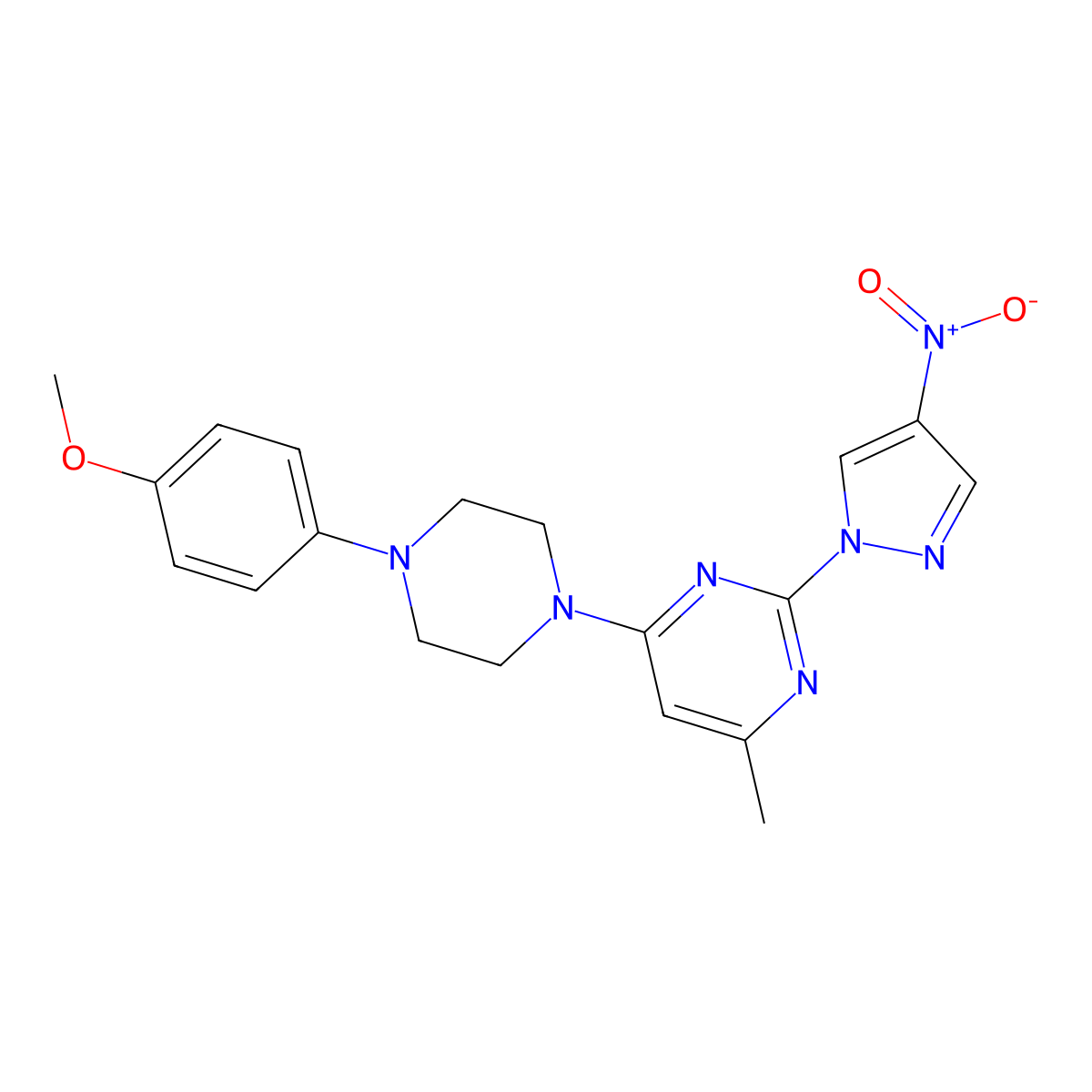 4-(4-(4-methoxyphenyl)piperazin-1-yl)-6-methyl-2-(4-nitro-1H-pyrazol-1-yl)pyrimidine molecular structure, CAS 1001502-65-3