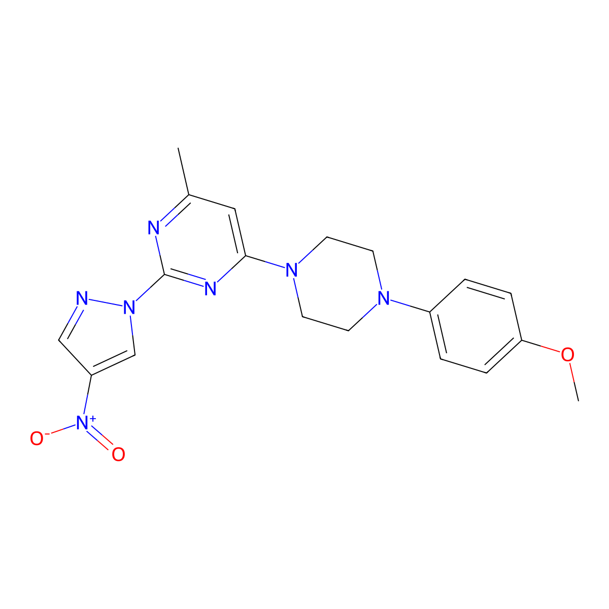 4-(4-(4-methoxyphenyl)piperazin-1-yl)-6-methyl-2-(4-nitro-1H-pyrazol-1-yl)pyrimidine molecular structure, CAS 1001502-65-3