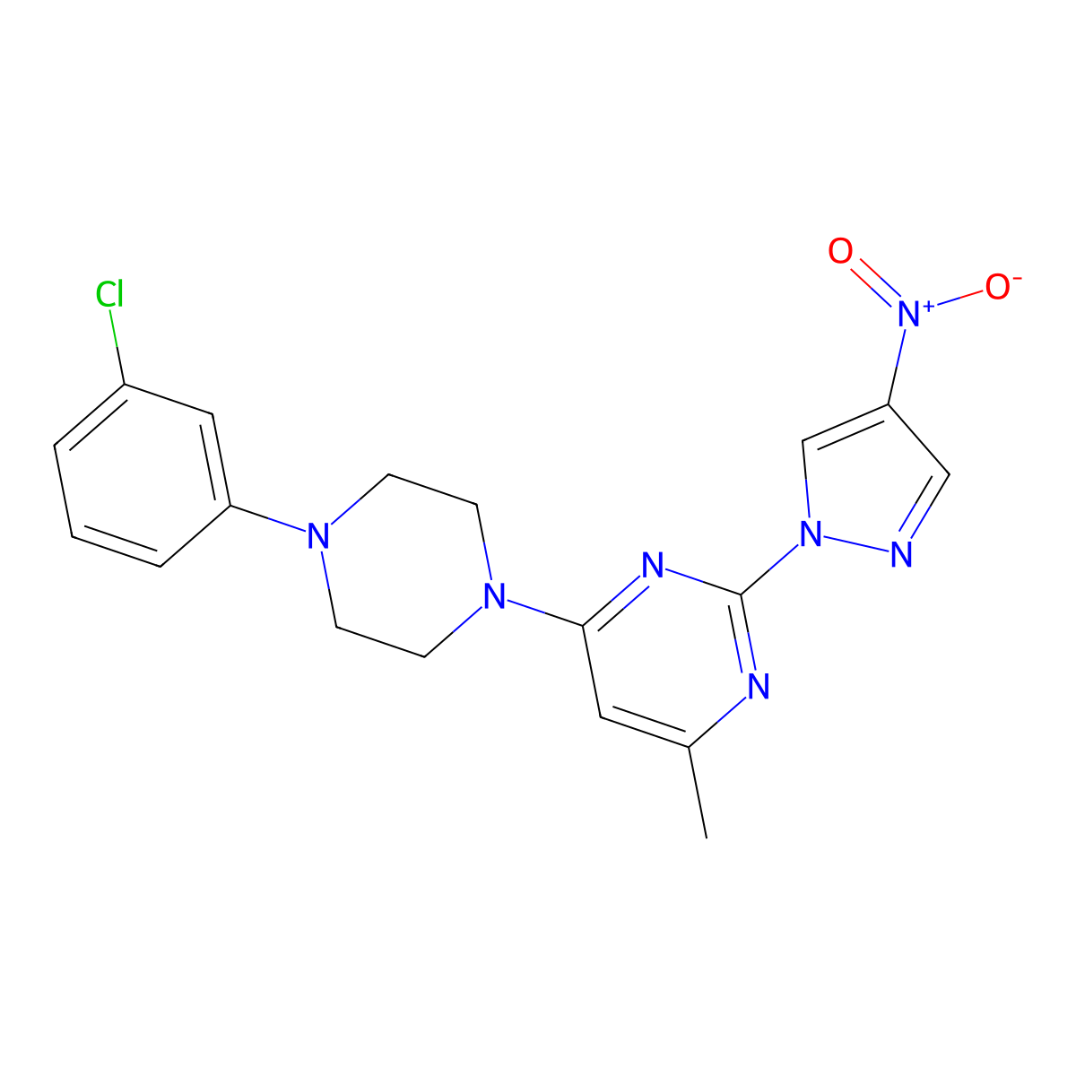 4-[4-(3-chlorophenyl)piperazin-1-yl]-6-methyl-2-(4-nitro-1H-pyrazol-1-yl)pyrimidine molecular structure, CAS 1001502-66-4