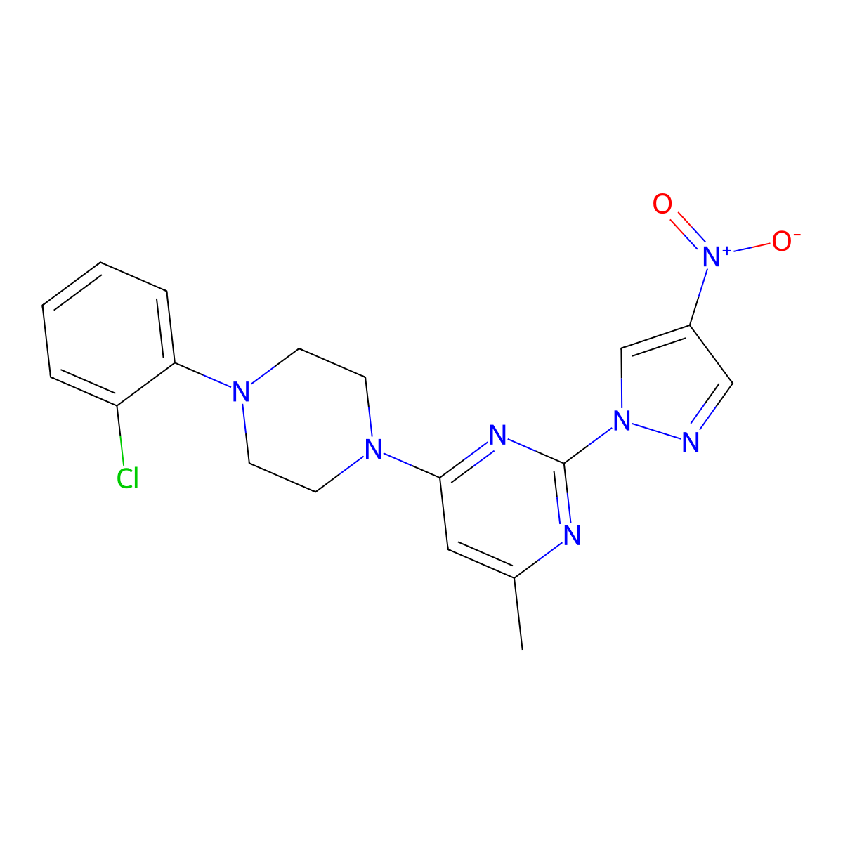 4-[4-(2-Chlorophenyl)piperazin-1-yl]-6-methyl-2-(4-nitropyrazol-1-yl)pyrimidine molecular structure, CAS 1001502-68-6