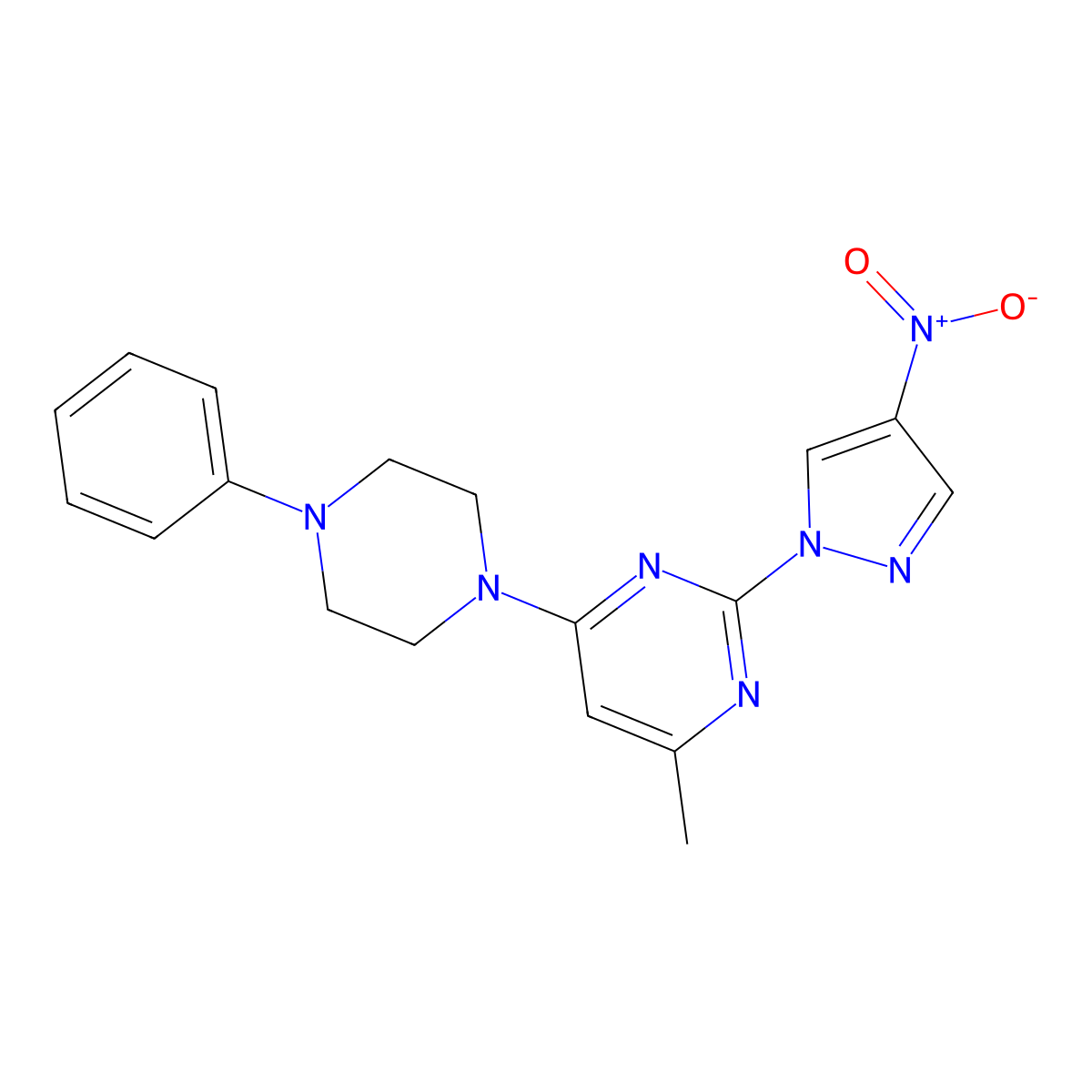 4-methyl-2-(4-nitro-1H-pyrazol-1-yl)-6-(4-phenylpiperazin-1-yl)pyrimidine molecular structure, CAS 1001502-69-7
