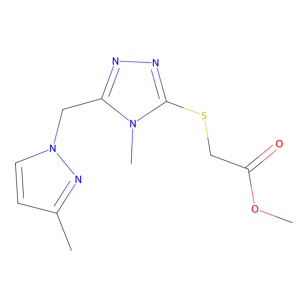 Methyl 2-((4-methyl-5-((3-methyl-1H-pyrazol-1-yl)methyl)-4H-1,2,4-triazol-3-yl)thio)acetate molecular structure, CAS 1001519-00-1