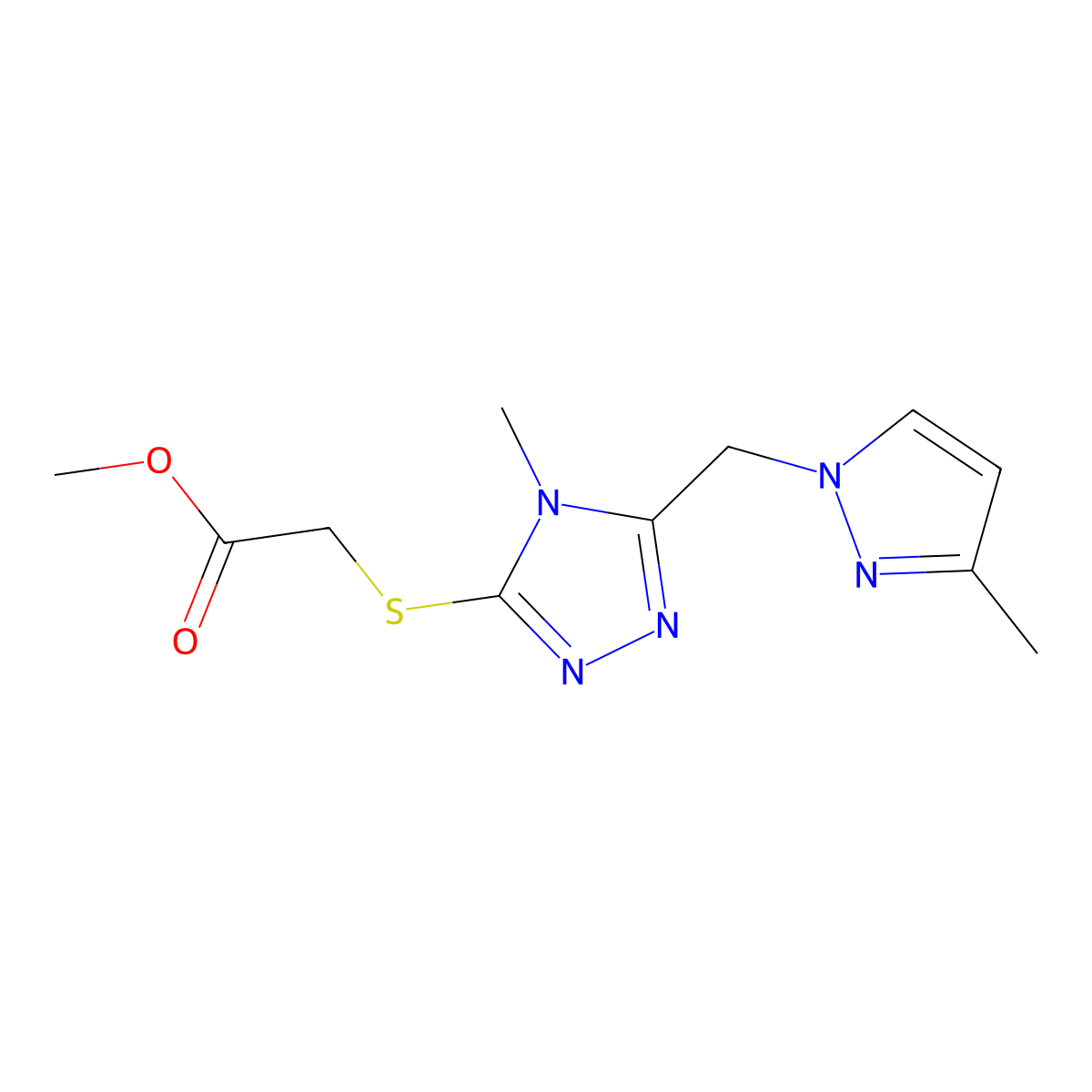 Methyl 2-((4-methyl-5-((3-methyl-1H-pyrazol-1-yl)methyl)-4H-1,2,4-triazol-3-yl)thio)acetate molecular structure, CAS 1001519-00-1