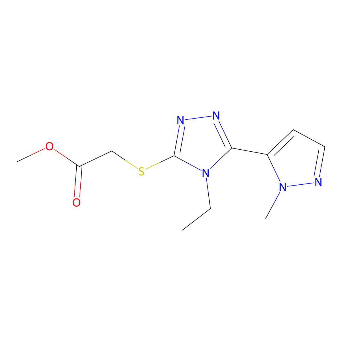 methyl {[4-ethyl-5-(1-methyl-1H-pyrazol-5-yl)-4H-1,2,4-triazol-3-yl]sulfanyl}acetate molecular structure, CAS 1001519-15-8