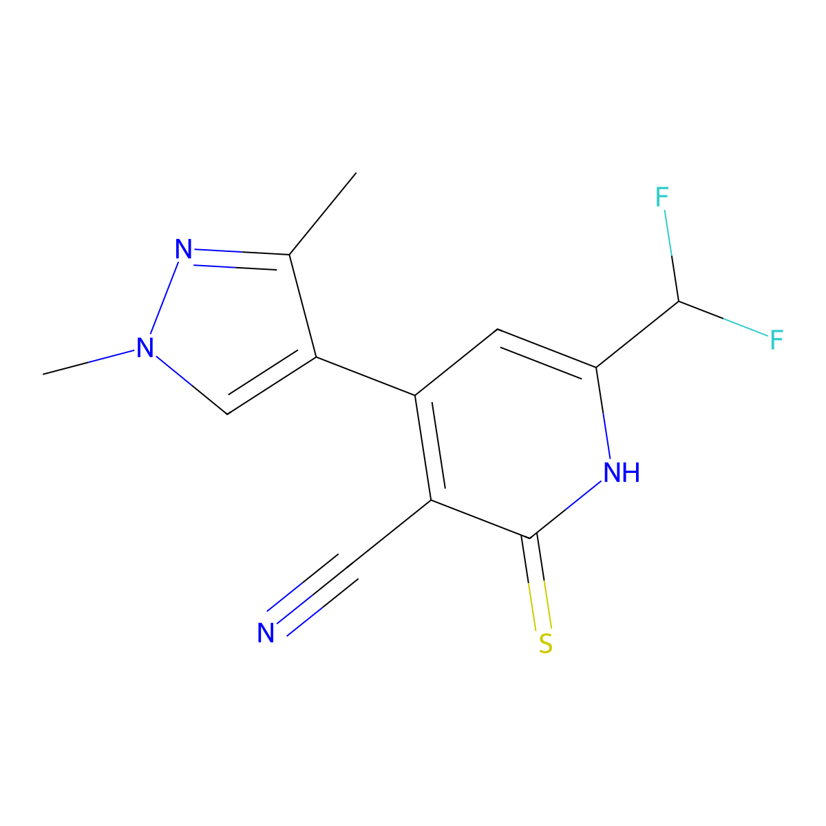 6-(Difluoromethyl)-4-(1,3-dimethyl-1H-pyrazol-4-yl)-2-mercaptonicotinonitrile molecular structure, CAS 1001519-34-1