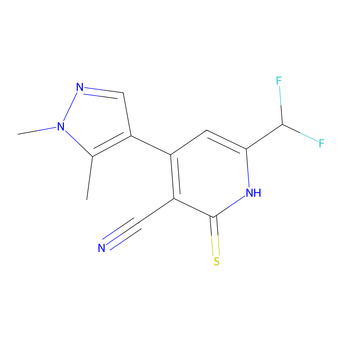 6-(Difluoromethyl)-4-(1,5-dimethyl-1H-pyrazol-4-yl)-2-mercaptonicotinonitrile molecular structure, CAS 1001519-35-2