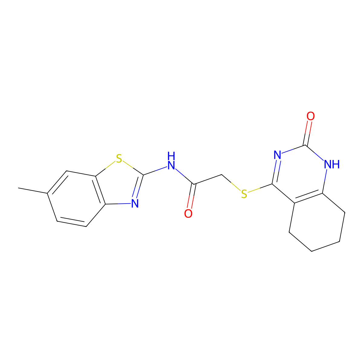 N-(6-methylbenzo[d]thiazol-2-yl)-2-((2-oxo-1,2,5,6,7,8-hexahydroquinazolin-4-yl)thio)acetamide molecular structure, CAS 1001520-04-2