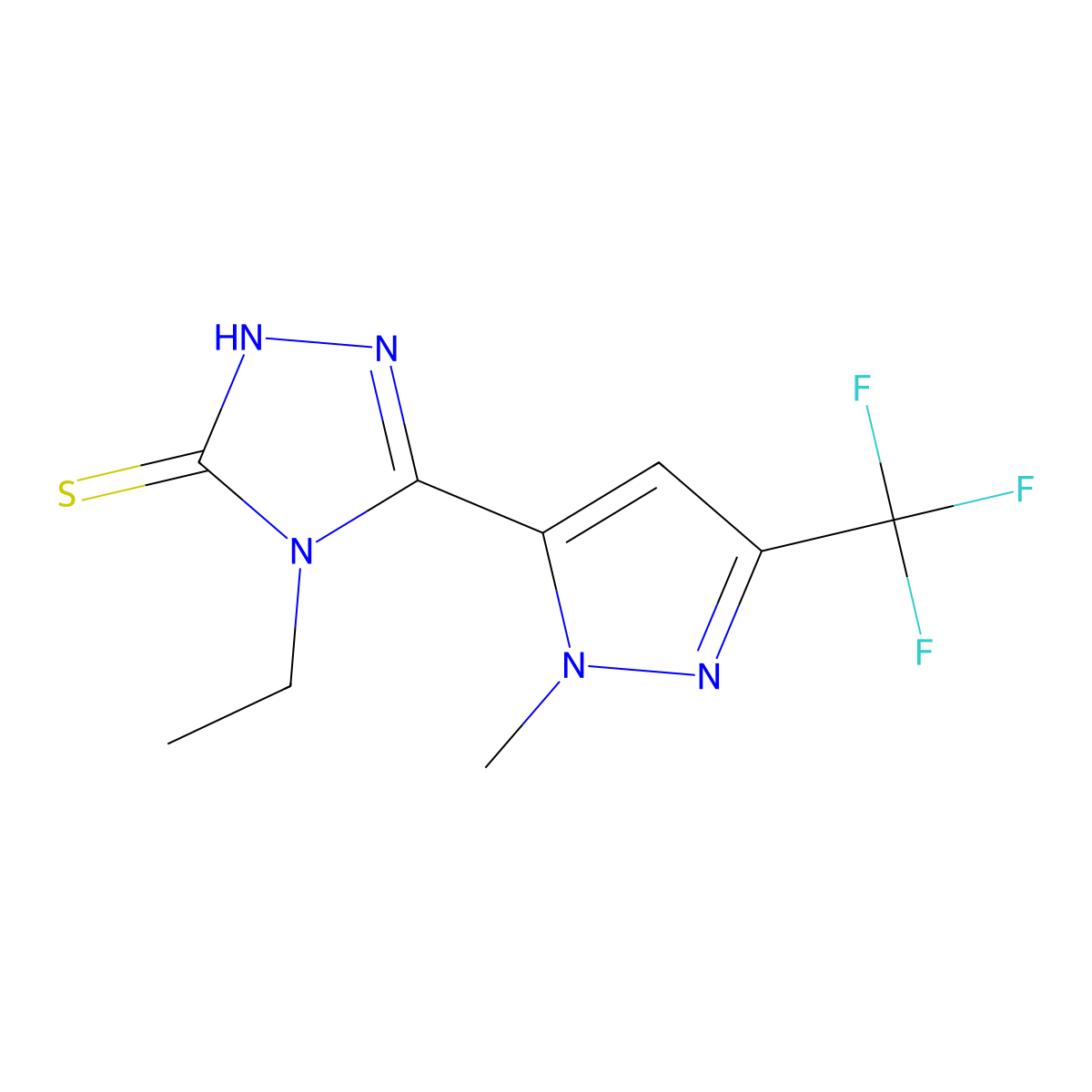 4-Ethyl-5-(1-methyl-3-(trifluoromethyl)-1H-pyrazol-5-yl)-4H-1,2,4-triazole-3-thiol molecular structure, CAS 1001559-40-5