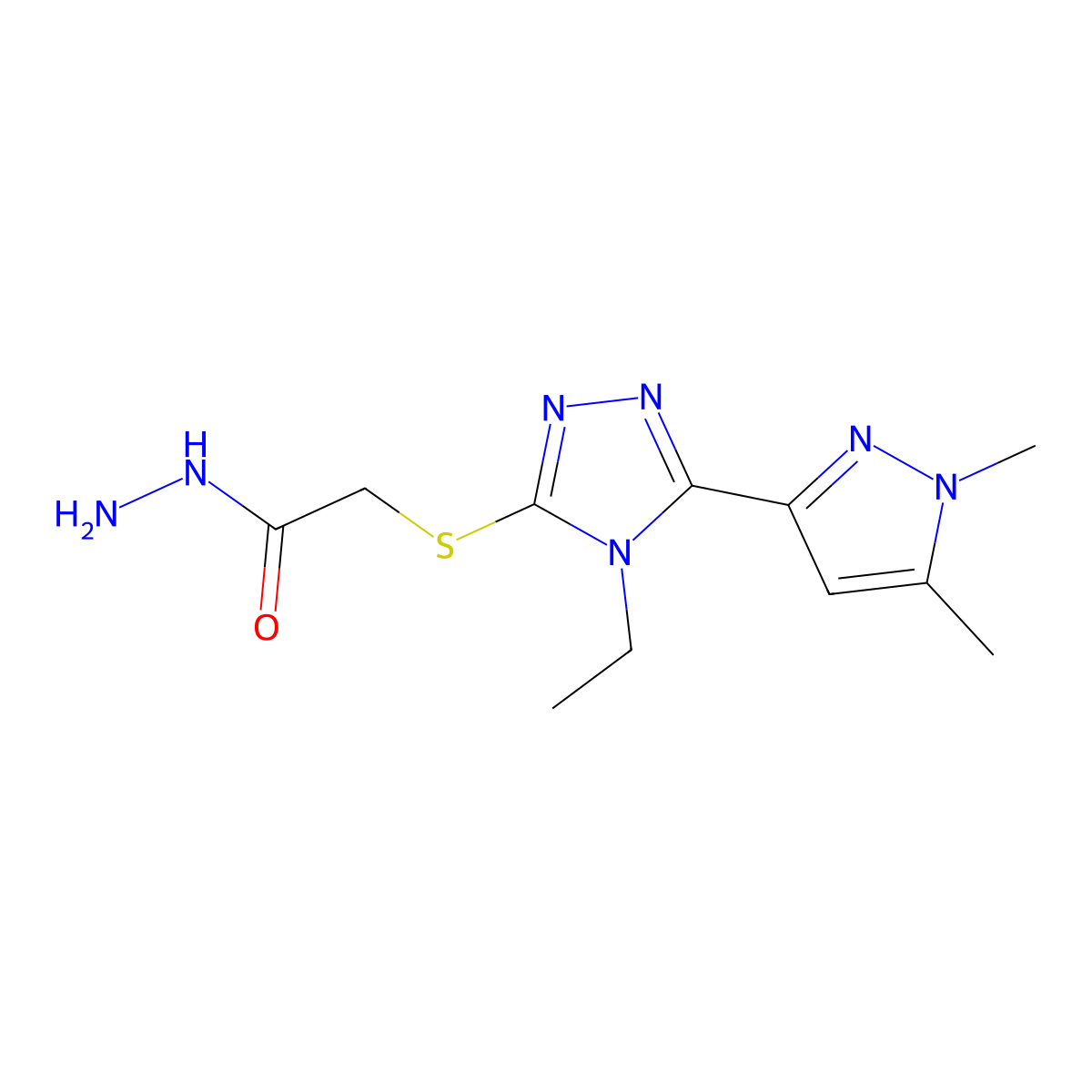 2-{[5-(1,5-Dimethyl-1H-pyrazol-3-YL)-4-ethyl-4H-1,2,4-triazol-3-YL]thio}acetohydrazide molecular structure, CAS 1001559-41-6