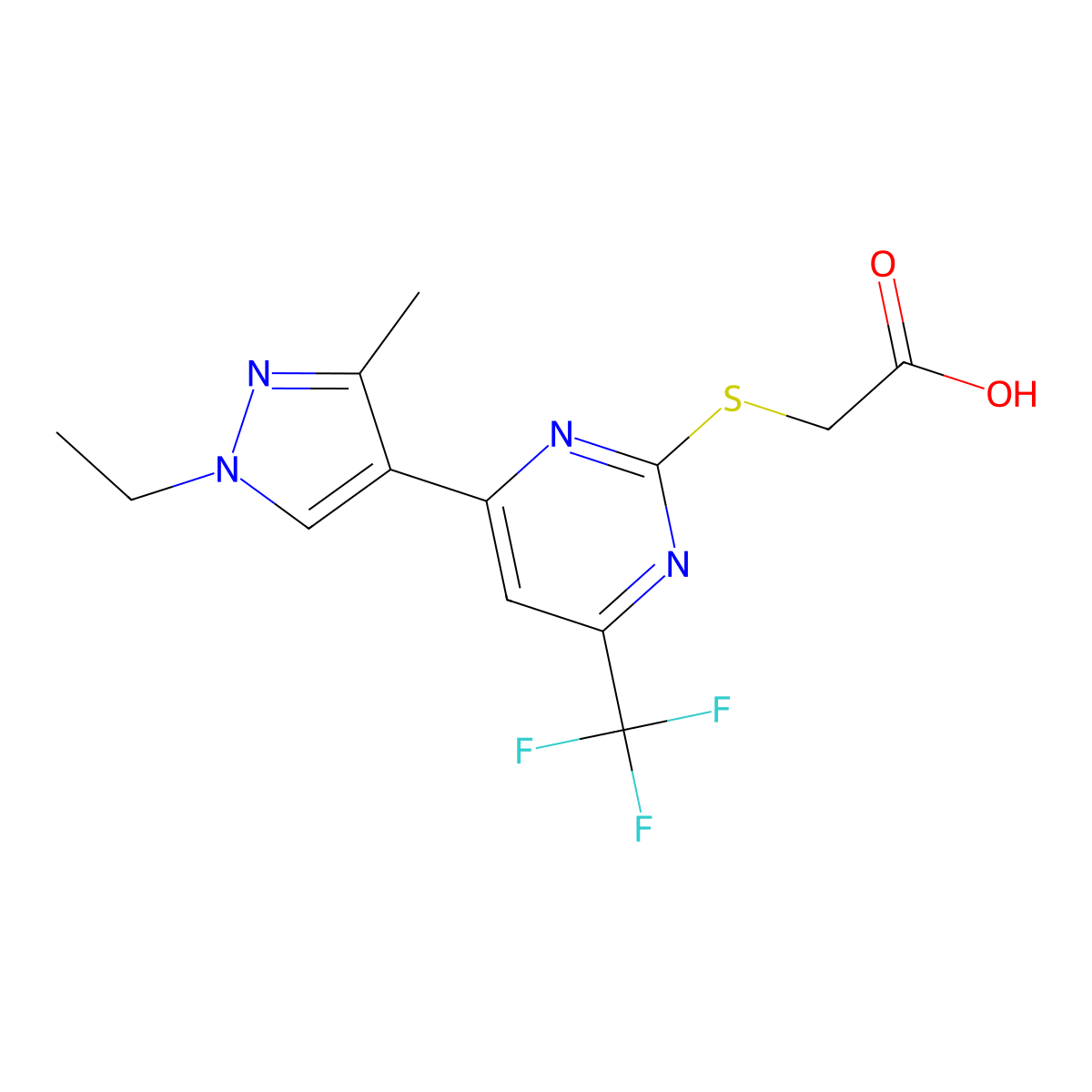 2-((4-(1-Ethyl-3-methyl-1H-pyrazol-4-yl)-6-(trifluoromethyl)pyrimidin-2-yl)thio)acetic acid molecular structure, CAS 1001560-16-2
