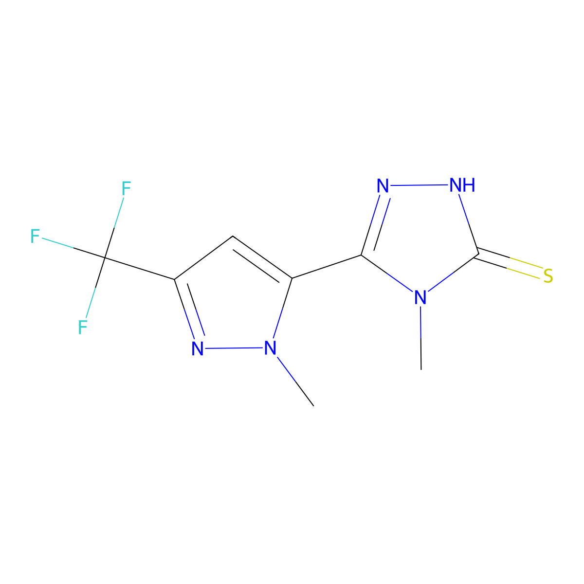 4-Methyl-5-(1-methyl-3-(trifluoromethyl)-1H-pyrazol-5-yl)-4H-1,2,4-triazole-3-thiol molecular structure, CAS 1001567-71-0