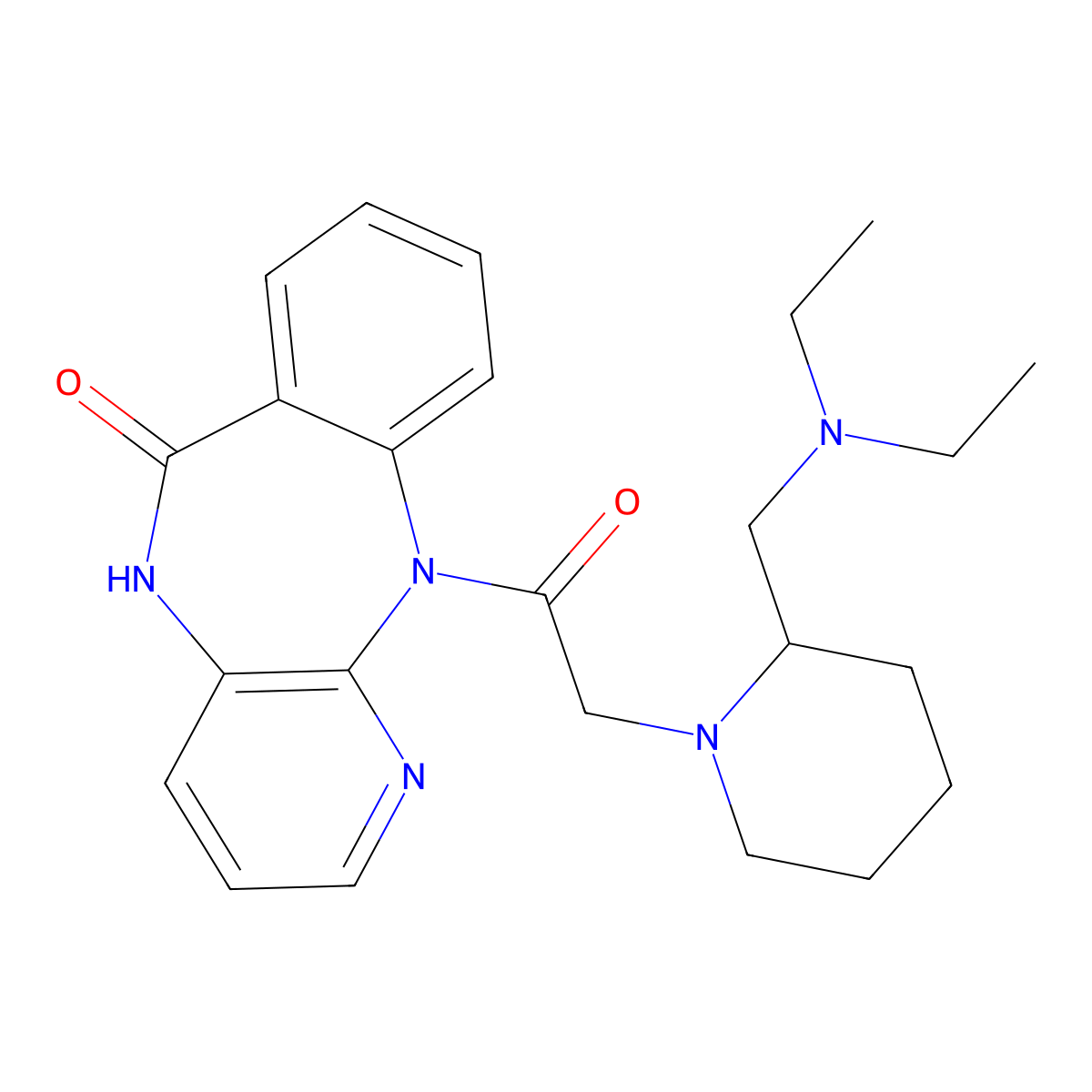 11-(2-(2-((Diethylamino)methyl)-1-piperidinyl)acetyl)-5,11-dihydro-6H-pyrido(2,3-b)(1,4)benzodiazepin-6-one molecular structure, CAS 100158-38-1