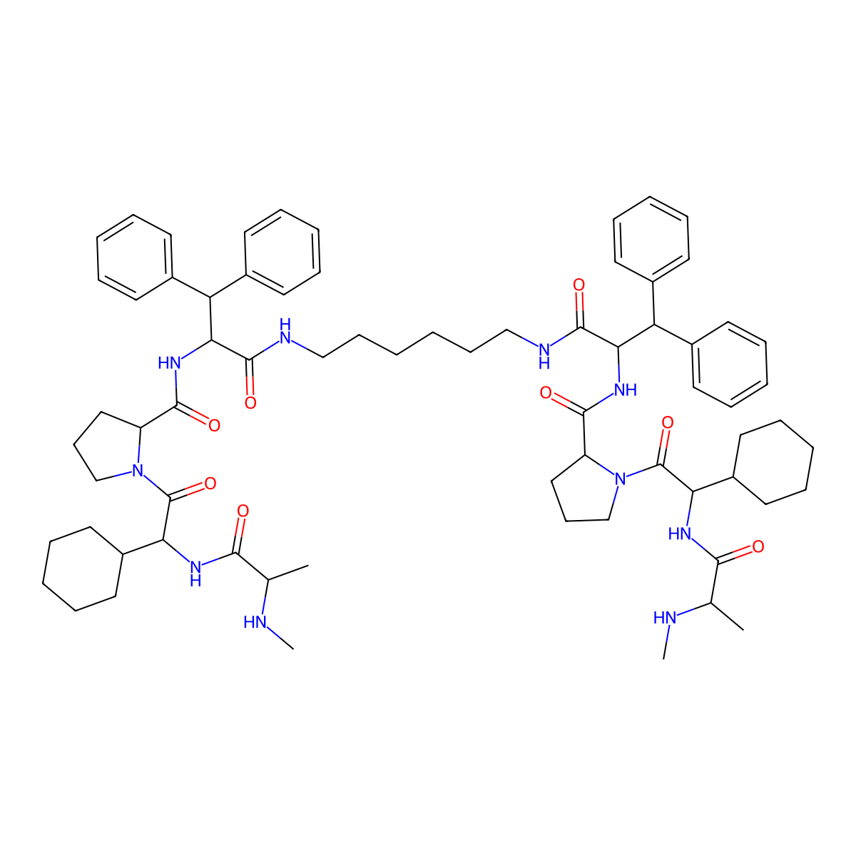 N,N'-(hexane-1,6-diyl)bis(1-((2S)-2-cyclohexyl-2-((N-methyl-L-alanyl)amino)acetyl)-L-prolyl-beta-phenyl-L-phenylalaninamide) molecular structure, CAS 1001600-56-1