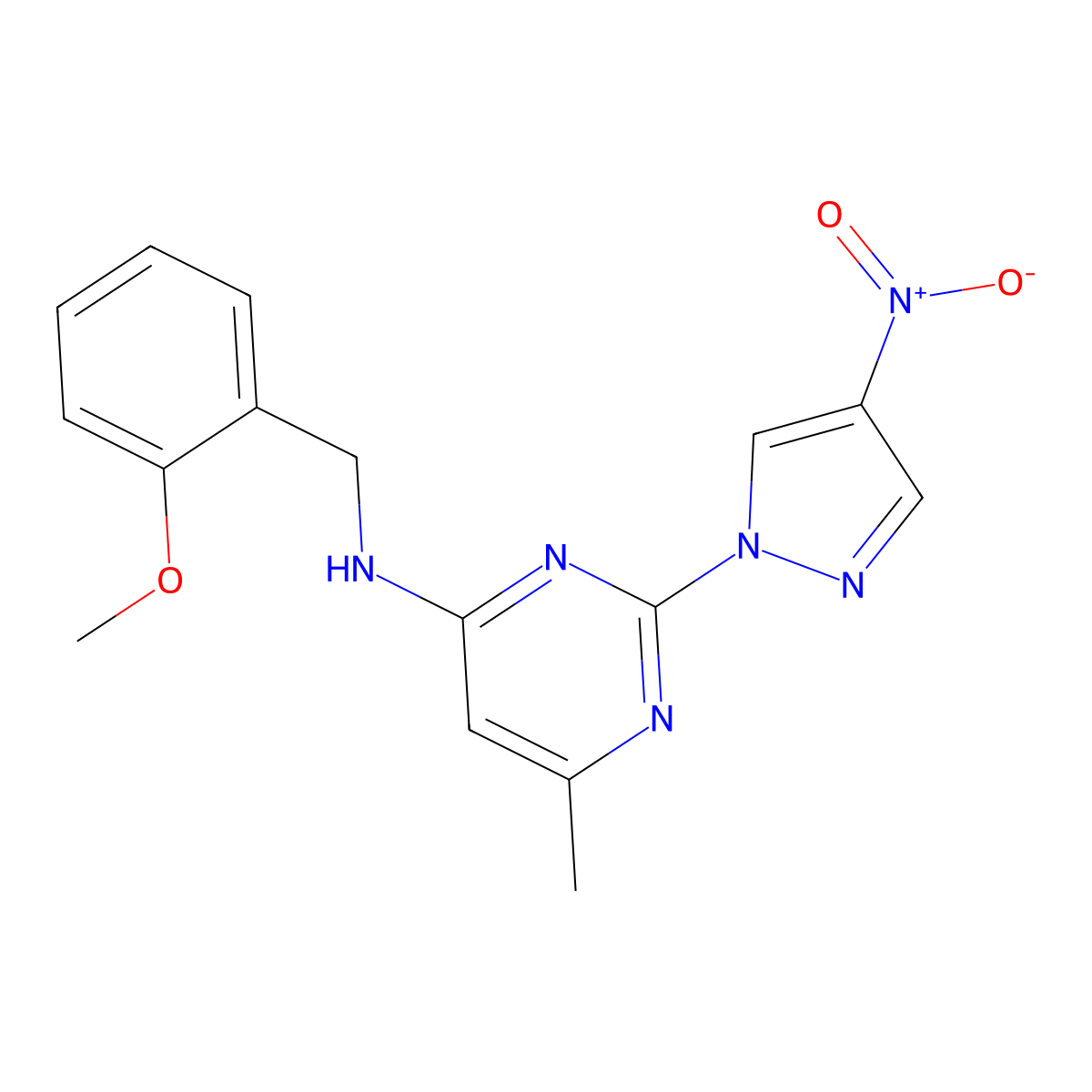 N-(2-methoxybenzyl)-6-methyl-2-(4-nitro-1H-pyrazol-1-yl)pyrimidin-4-amine molecular structure, CAS 1001607-65-3