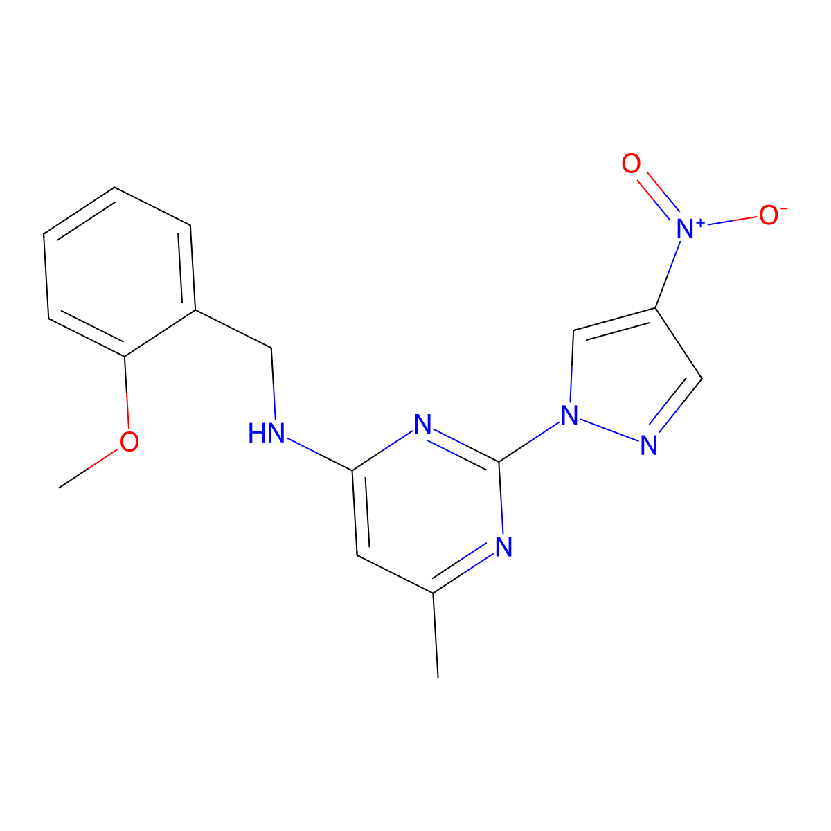 N-(2-methoxybenzyl)-6-methyl-2-(4-nitro-1H-pyrazol-1-yl)pyrimidin-4-amine molecular structure, CAS 1001607-65-3