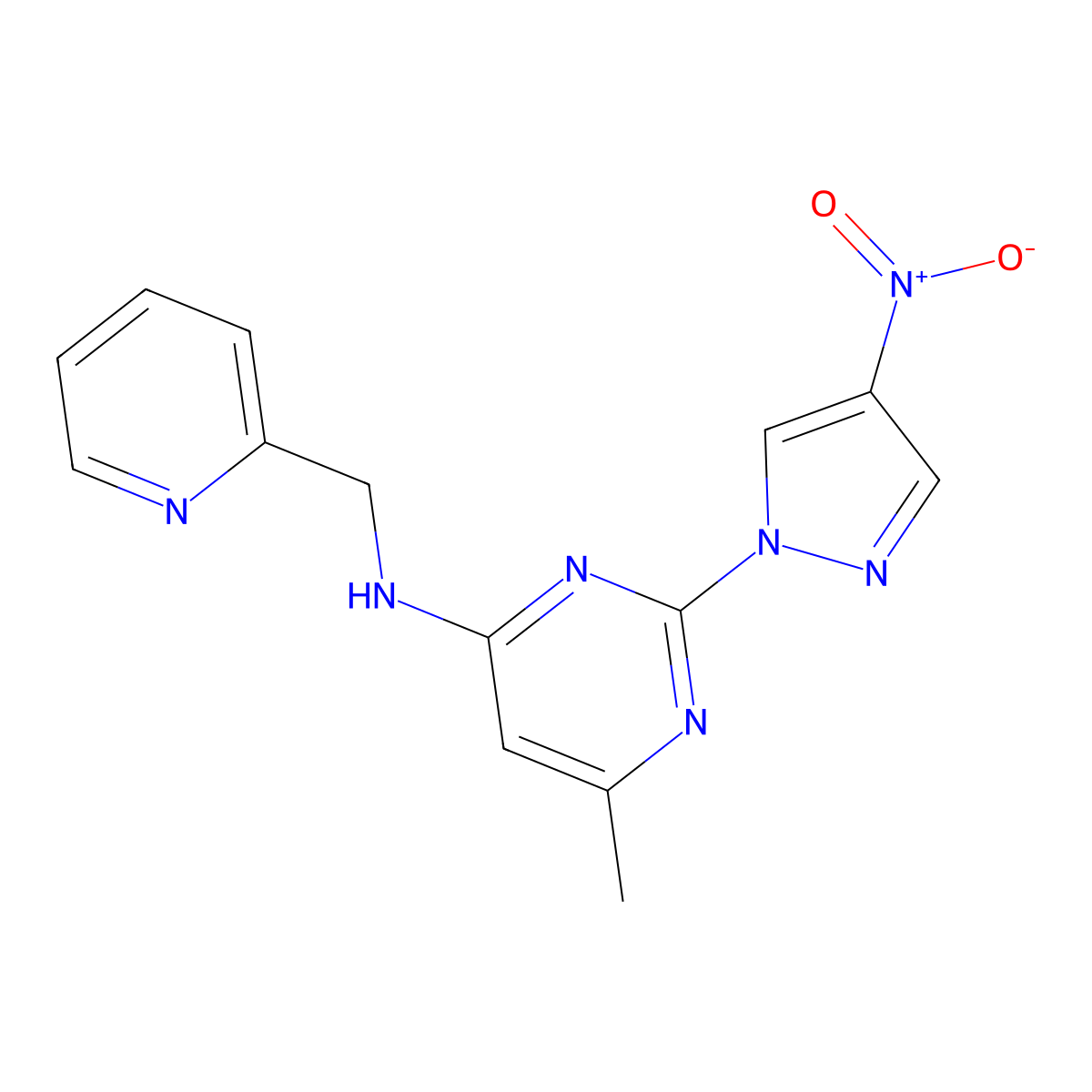 6-methyl-2-(4-nitropyrazol-1-yl)-N-(pyridin-2-ylmethyl)pyrimidin-4-amine molecular structure, CAS 1001607-66-4