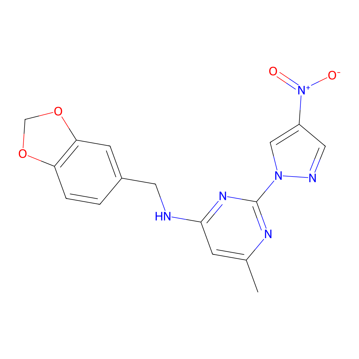 N-(1,3-benzodioxol-5-ylmethyl)-6-methyl-2-(4-nitropyrazol-1-yl)pyrimidin-4-amine molecular structure, CAS 1001607-76-6