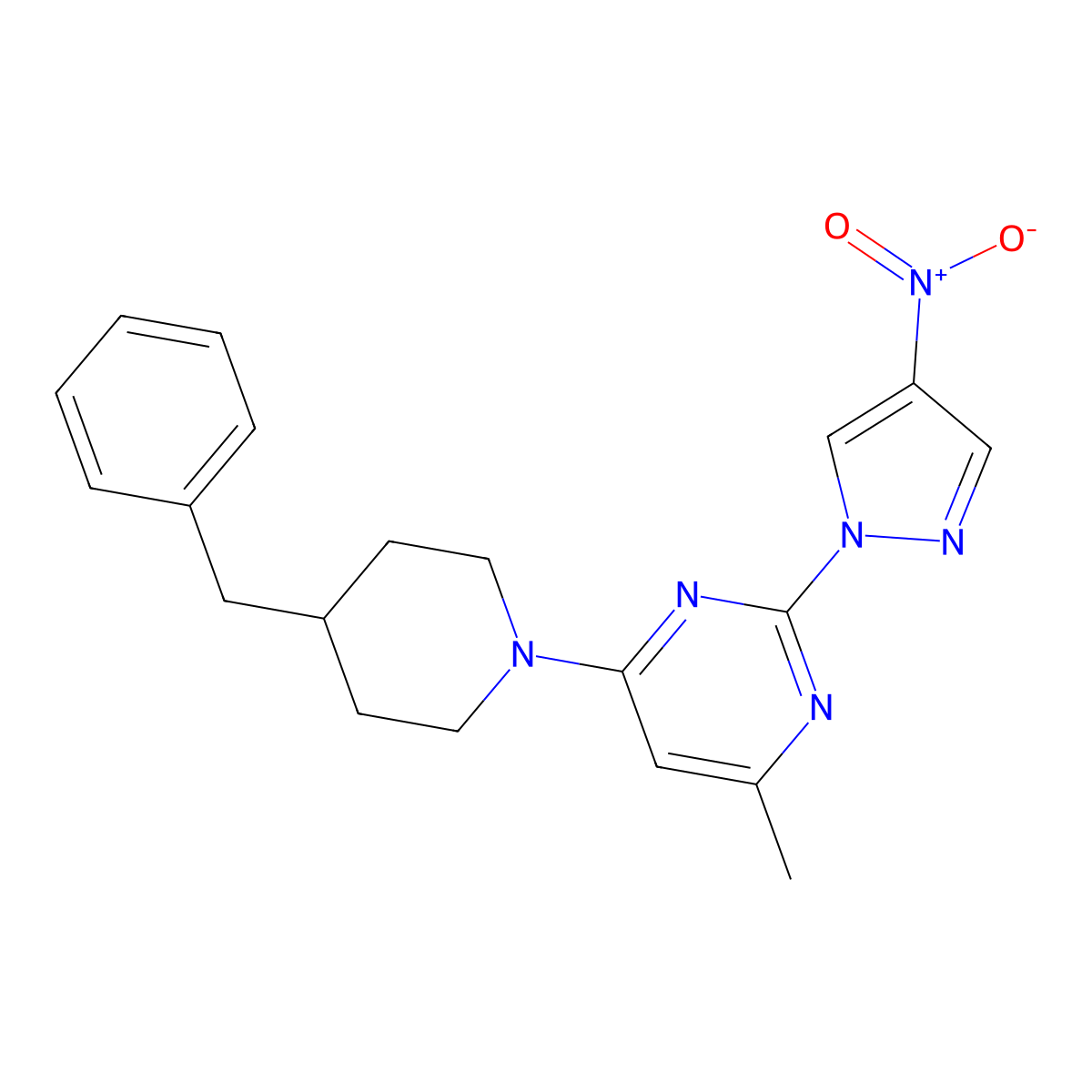 4-(4-benzylpiperidin-1-yl)-6-methyl-2-(4-nitro-1H-pyrazol-1-yl)pyrimidine molecular structure, CAS 1001607-91-5