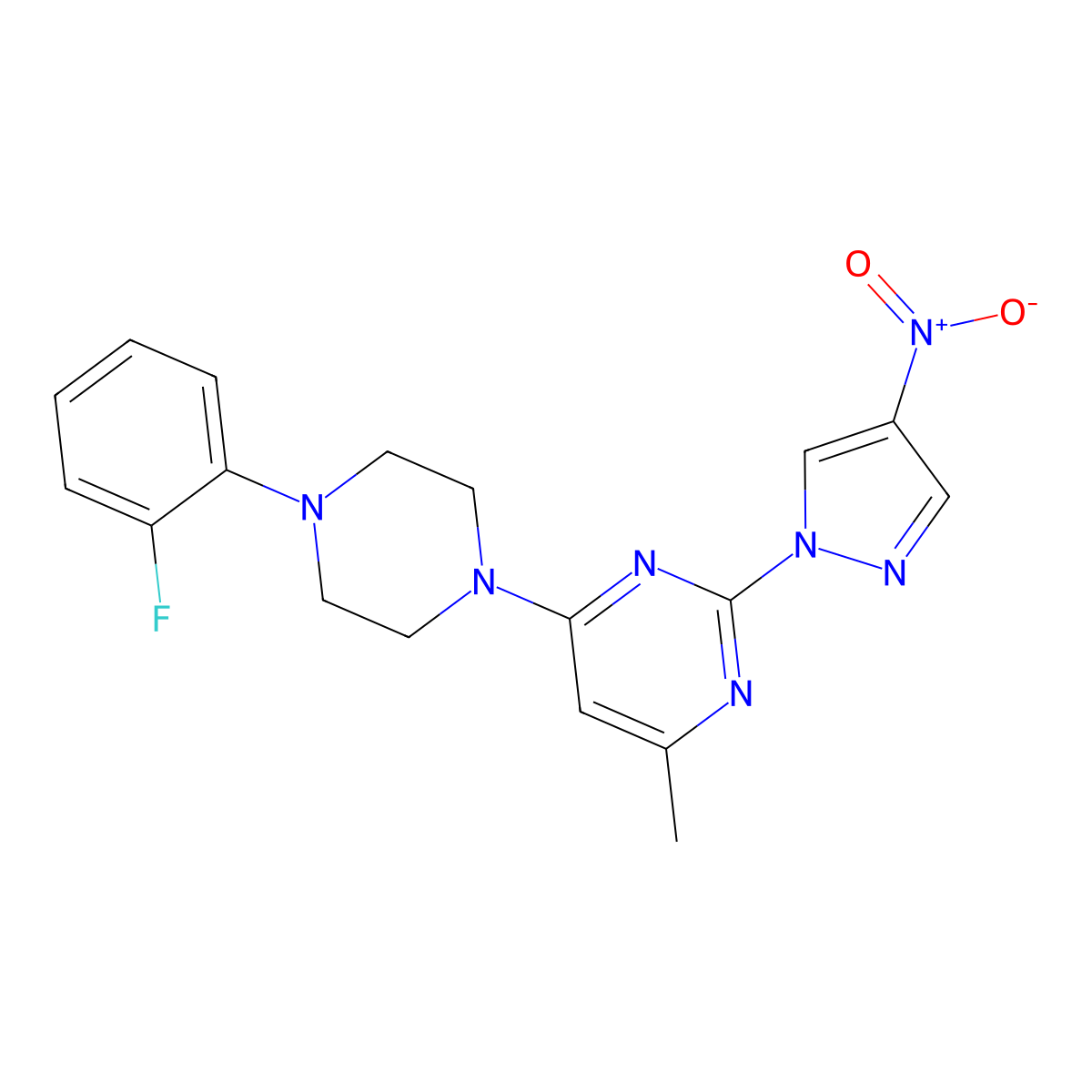 4-(4-(2-fluorophenyl)piperazin-1-yl)-6-methyl-2-(4-nitro-1H-pyrazol-1-yl)pyrimidine molecular structure, CAS 1001607-92-6