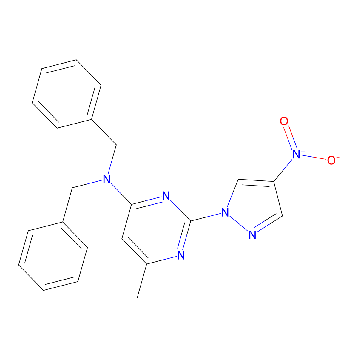 N,N-dibenzyl-6-methyl-2-(4-nitro-1H-pyrazol-1-yl)pyrimidin-4-amine molecular structure, CAS 1001607-97-1
