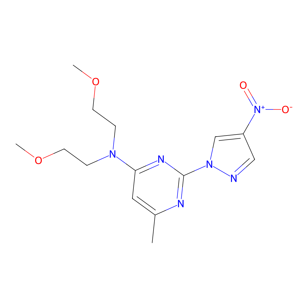N,N-bis(2-methoxyethyl)-6-methyl-2-(4-nitro-1H-pyrazol-1-yl)pyrimidin-4-amine molecular structure, CAS 1001607-99-3